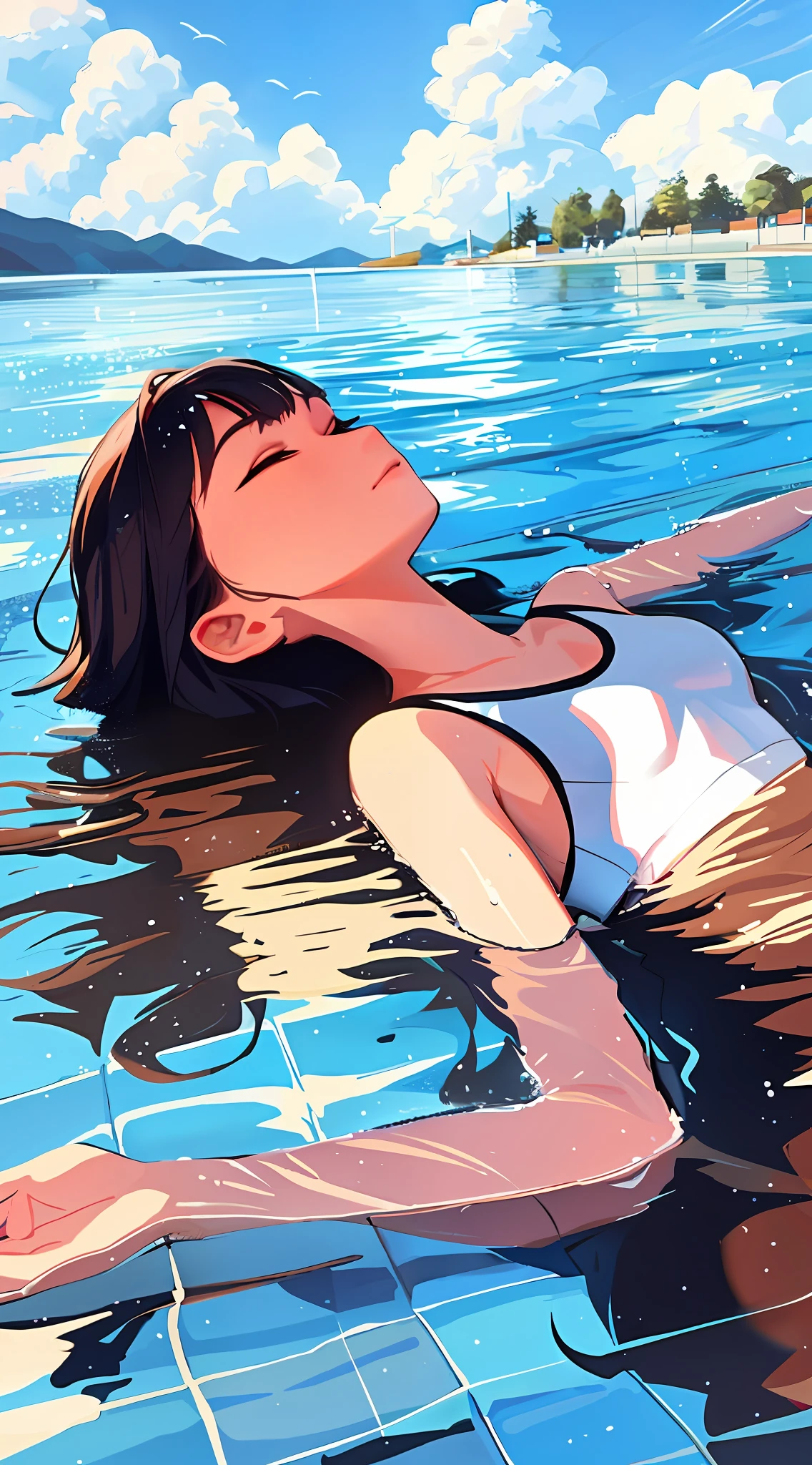 Lying on her back on the water, ((backstroke)), face up towards the sky, the girl lies on the water, lying down, lying flat