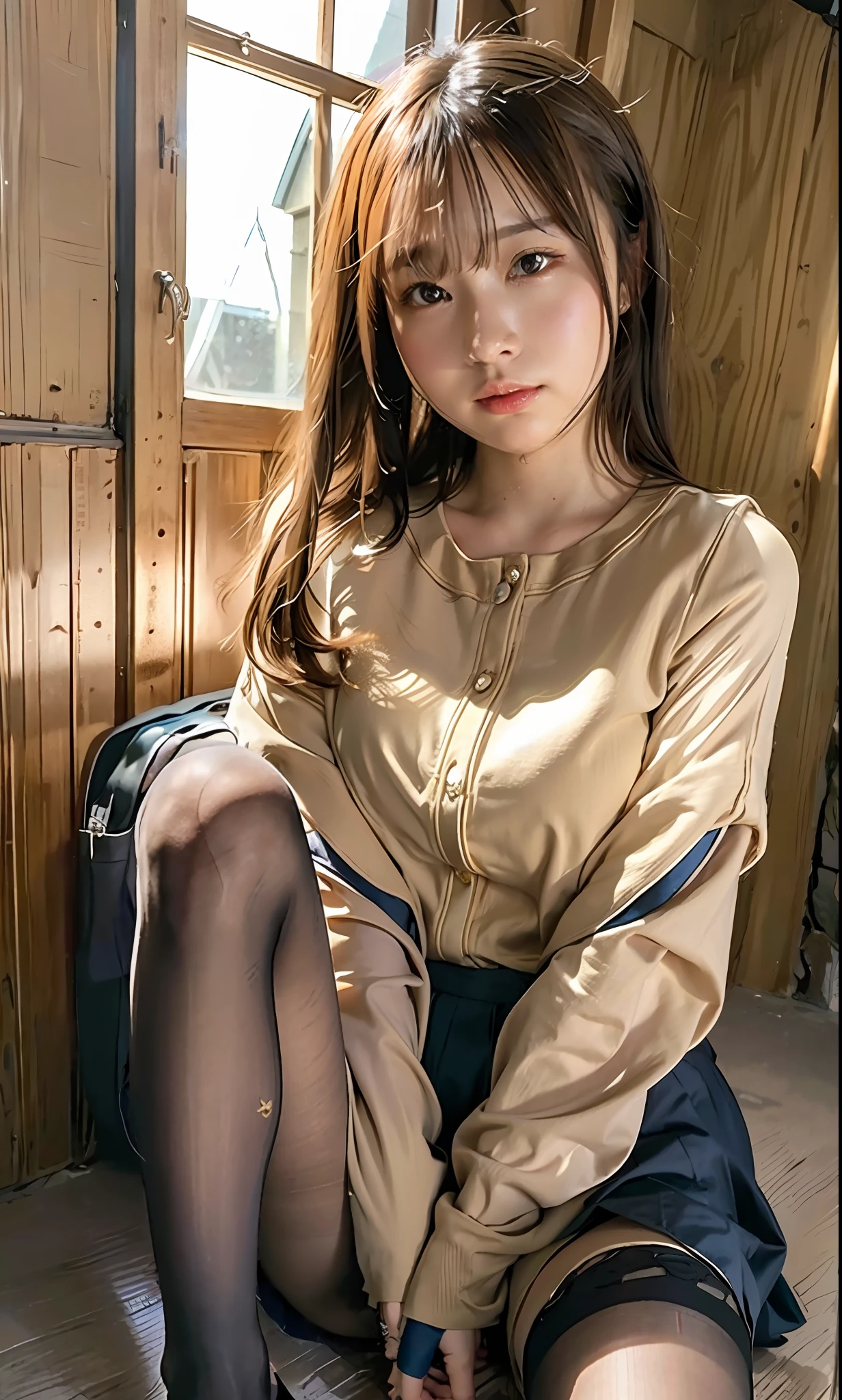 ulzzang-6500-v1.1, (raw photo:1.2), (photorealistic:1.4), beautiful detailed girl, very detailed eyes and face, beautiful detailed eyes, ridiculous, incredibly ridiculous, huge file size, super detailed, high resolution, very detailed, best quality, masterpiece, kemomimi, ((Japanese girls' high school uniform)), illustration, very detailed, CG, unified, 8k wallpaper, amazing, Fine details, masterpiece, best quality, very detailed CG uniform 8k wallpaper, light on face, cinematic lighting, 1girl, 16 years old, ((no panties)), ((dynamic pose))), (camel toe), (half), (pantyhose), (knee-bending leg sitting))