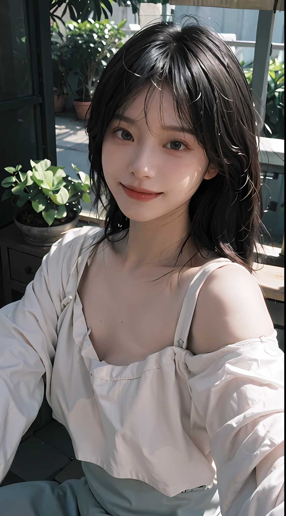 8K, Best Quality, Masterpiece, Ultra High Resolution, (Realism: 1.4), Original Photo, (True Skin Texture: 1.3), (Film Grain: 1.3), (Selfie Angle), 1 Girl, Beautiful Emerald Gemstone Eyes and Delicate Face Details, Pink Top, Masterpiece, Best Quality, Close-up, Upper Body, Looking at the Viewer, (Smile: 1.5)