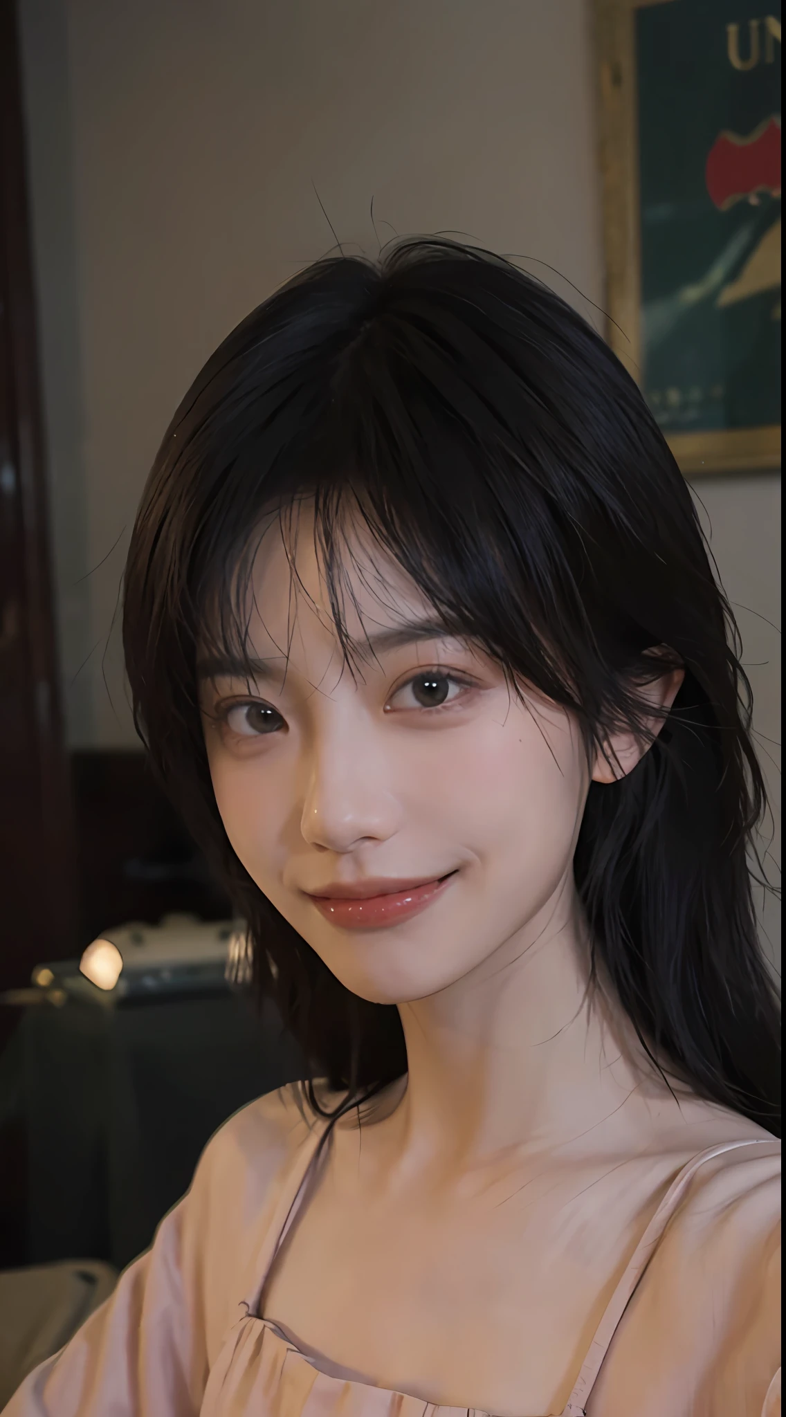 8K, Best Quality, Masterpiece, Ultra High Resolution, (Realism: 1.4), Original Photo, (True Skin Texture: 1.3), (Film Grain: 1.3), (Selfie Angle), 1 Girl, Beautiful Emerald Gemstone Eyes and Delicate Face Details, Pink Top, Masterpiece, Best Quality, Close-up, Upper Body, Looking at the Viewer, (Smile: 1.5)