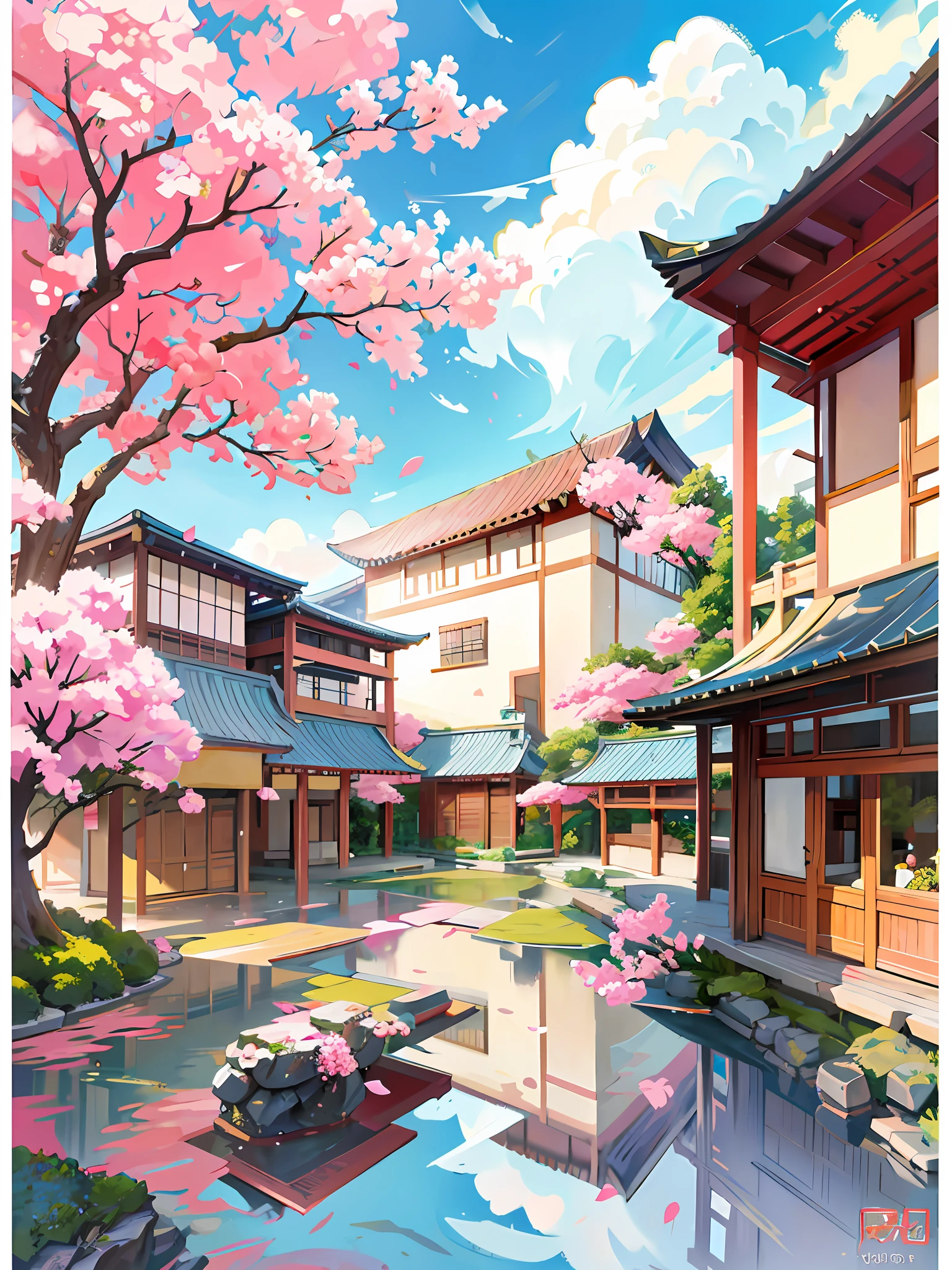 a painting of a courtyard with a table and chairs and a flowering tree, anime background art, japanese art style, beautiful anime scenery, dreamy chinese town, japanese village, a beautiful artwork illustration, scenery art detailed, scenery artwork, beautiful anime scene, anime scenery, 8k high quality detailed art, japanese neighborhood, anime scenery concept art, japanese town, anime beautiful peace scene