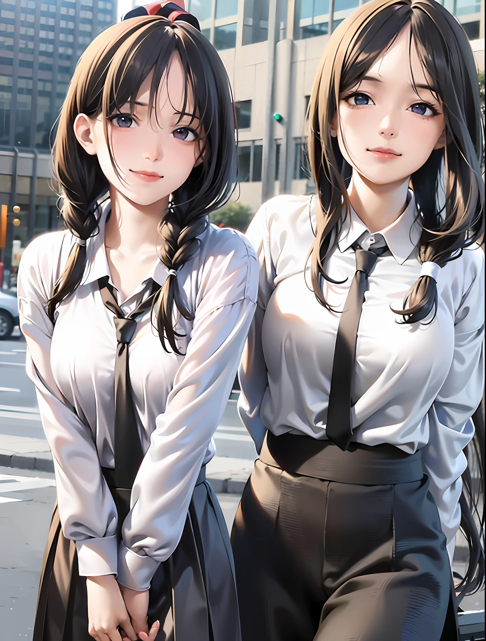 detailed shiny skin, (realistic, photo-realistic:1.4), a pretty girl, standing, looking out of window, white shirt, collared shirt, black necktie, black trousers, long sleeves, slight smile (nose blush), yellow eyes + ringed eyes, short hair + red hair + long braided hair, makima \(chainsaw man\)