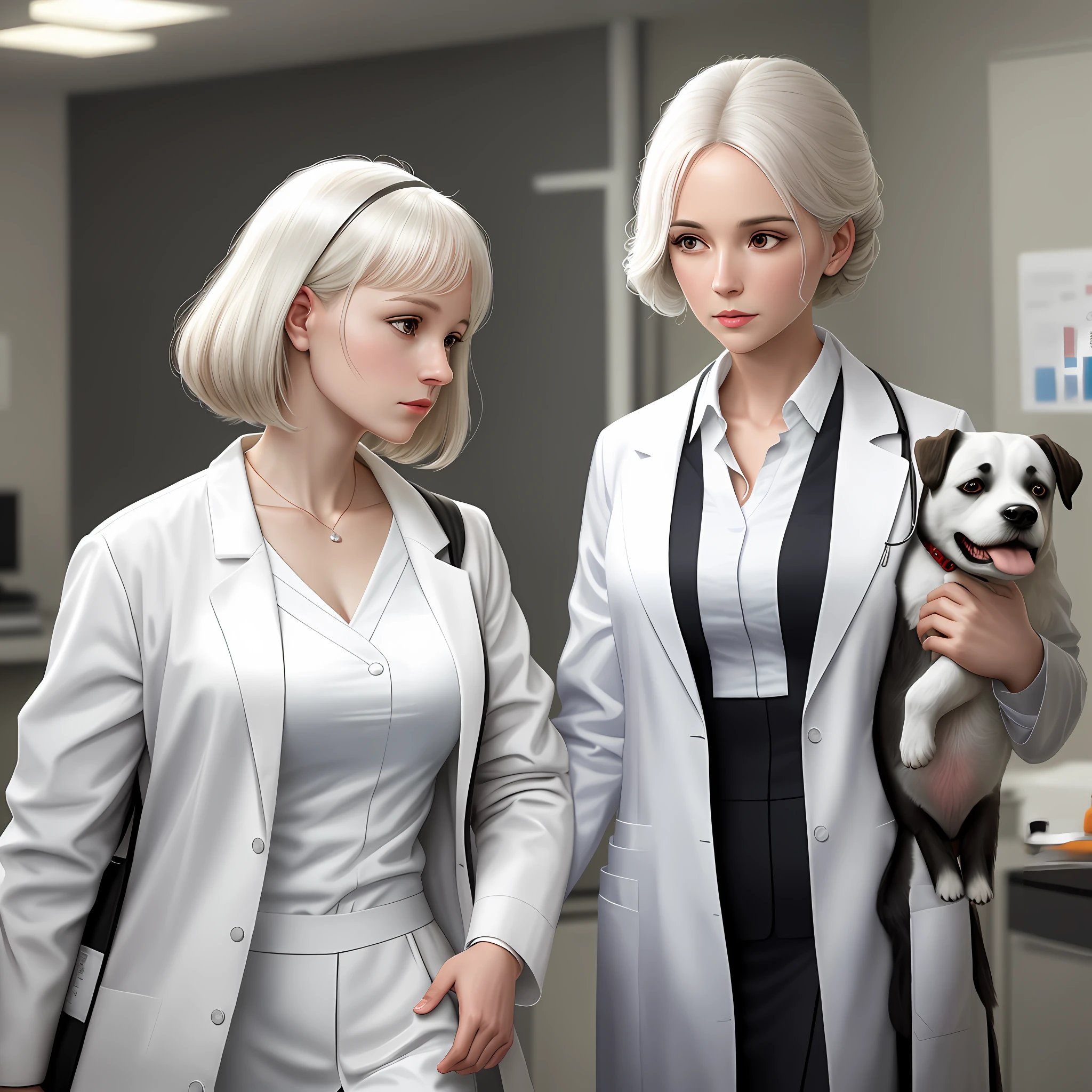 arafed woman in a white lab coat and a dog next to her, wearing a white lab coat, with a lab coat, wearing lab coat, doctor, wearing lab coat and a blouse, wearing a lab coat, doctor, clean white lab background, wearing a lab coat, by Emma Andijewska, lab coats, (doctor), white coat, medicine, surrealism, black noir