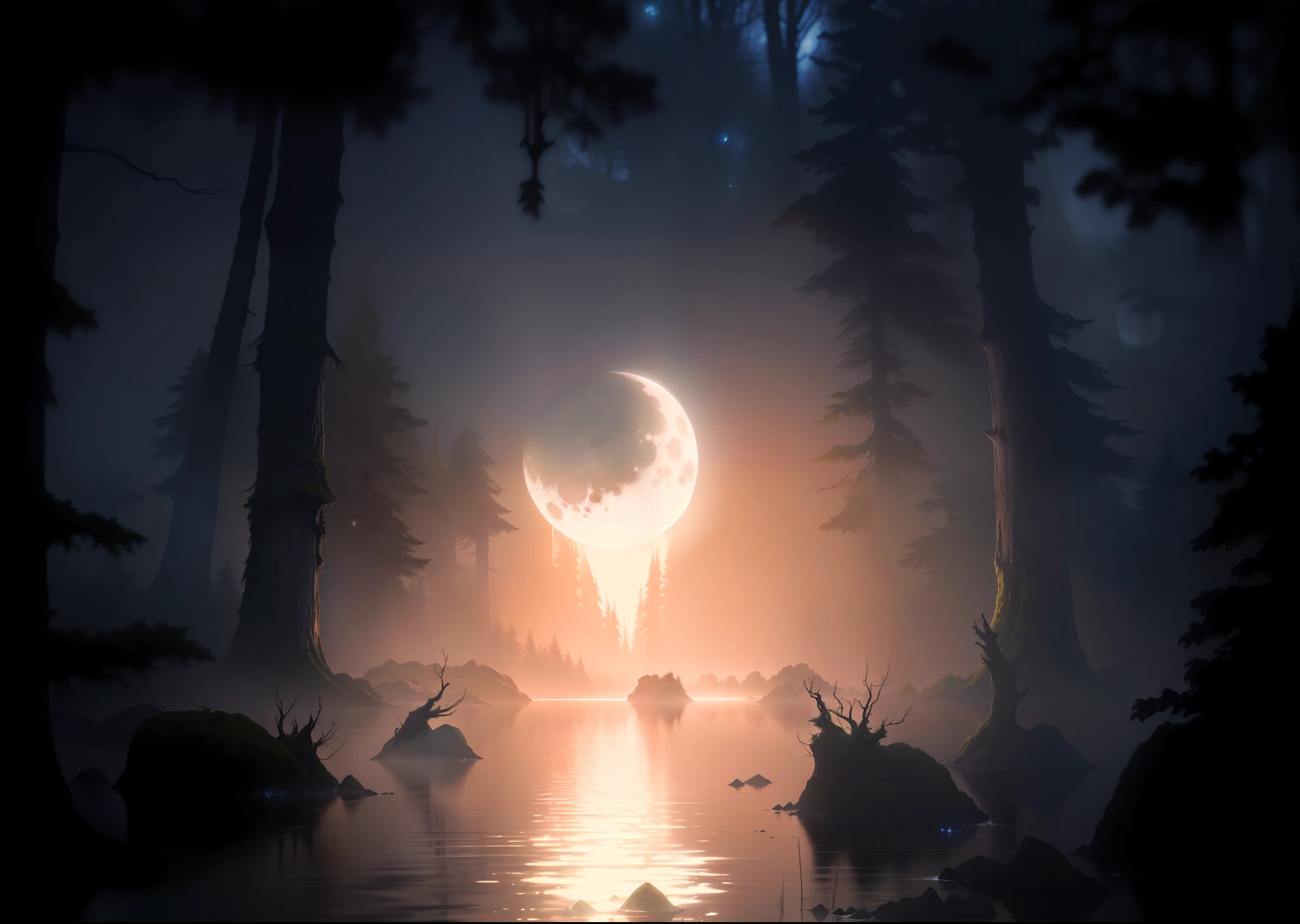 there is a picture of a moon that is in the sky, mystical forest lagoon, moonlit forest environment, moonlit backdrop, forest and moon, big moon above the water, moonlit forest, mystical scene, magical forest backround, an image of a moonlit forest, moonlit night dreamy atmosphere, artistic swamp with mystic fog, mystical setting