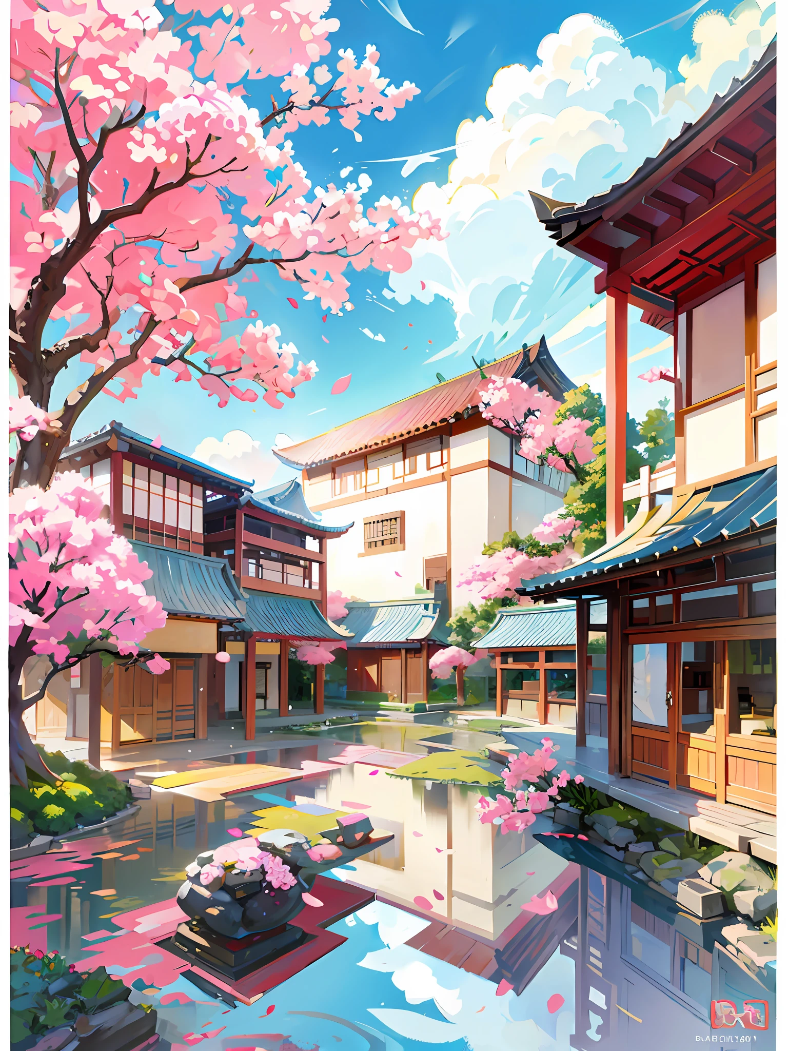 A garden painting with table and chairs and a flowering tree, anime background art, japanese art style, beautiful anime scenery, fantastic chinese town, japanese village, beautiful artwork illustration, landscape art detail, landscape artwork, beautiful anime scene, anime scenery, 8k high quality detail art, japanese community, anime landscape concept art, japanese town, anime beautiful peace scene, strong light and shadow, texture