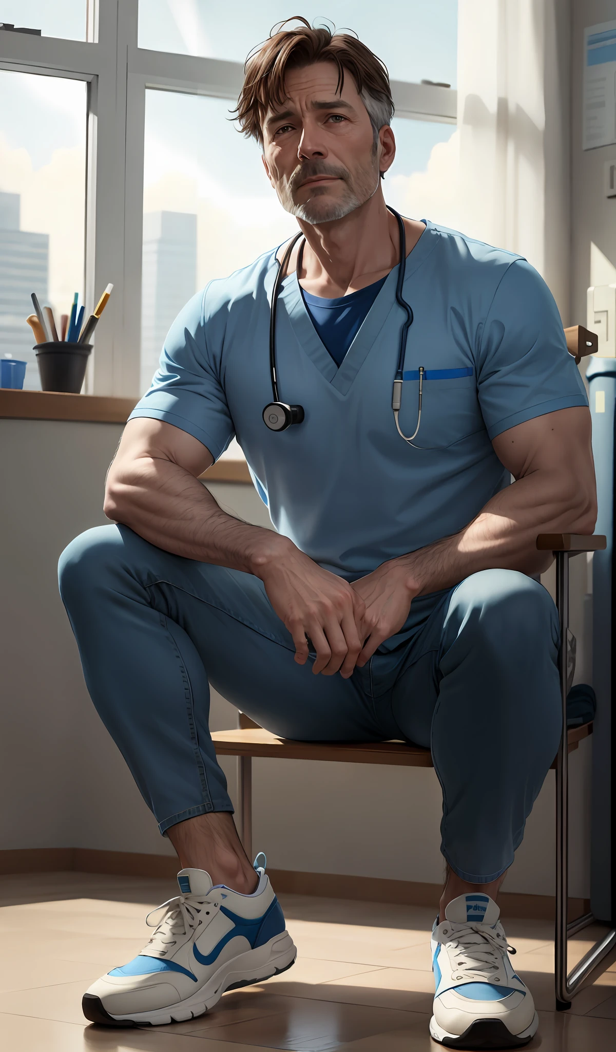 4k, realistic, very detailed, there is a man in the hospital, he is a veterinarian, blue theme, soft clothes, brown hair, wearing doctor's pants, 45 years old, full body, wearing sneakers