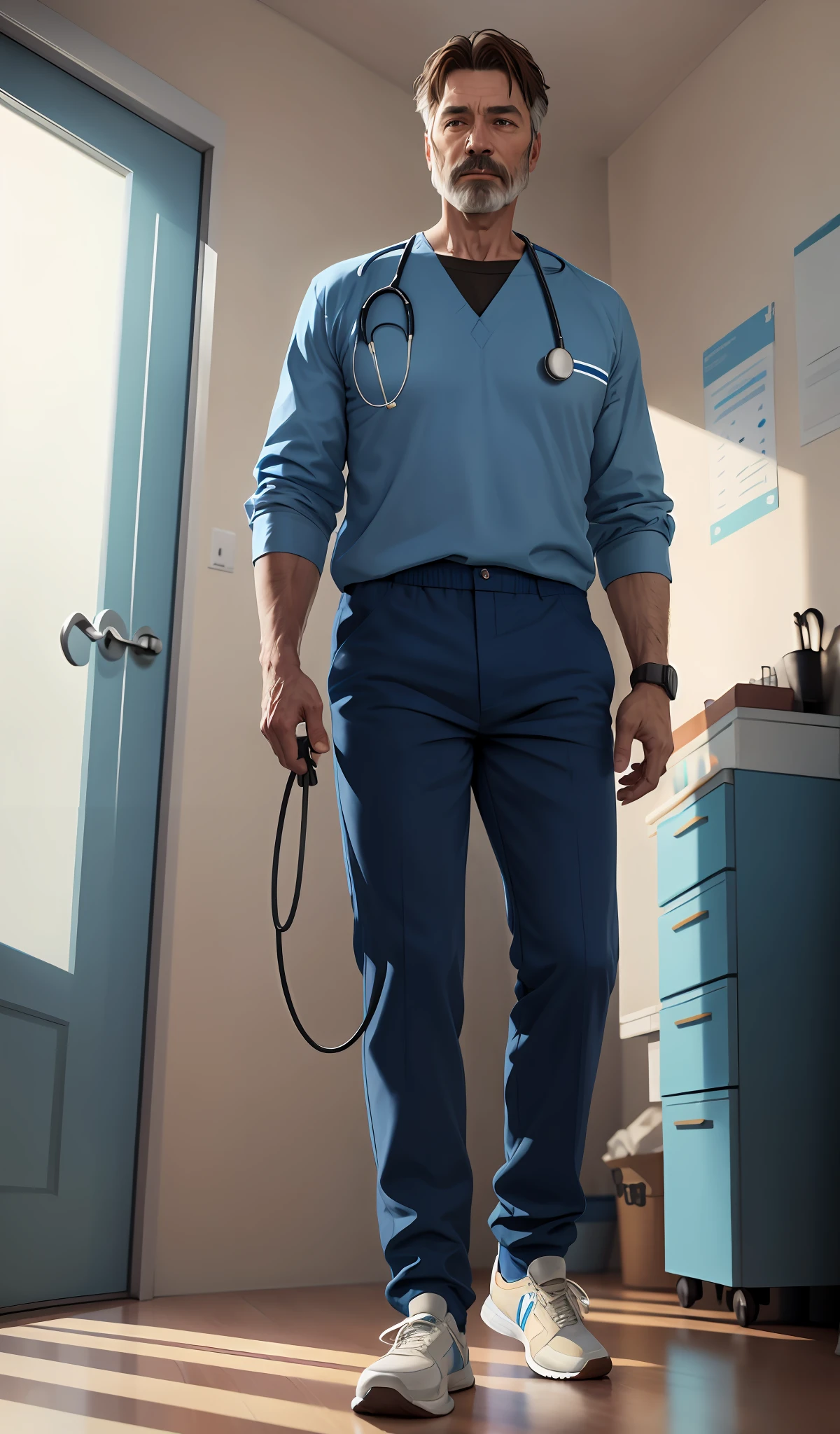 4k, realistic, very detailed, there is a man in the hospital, he is a veterinarian, blue theme, soft clothes, brown hair, wearing doctor's pants, 45 years old, full body, wearing sneakers