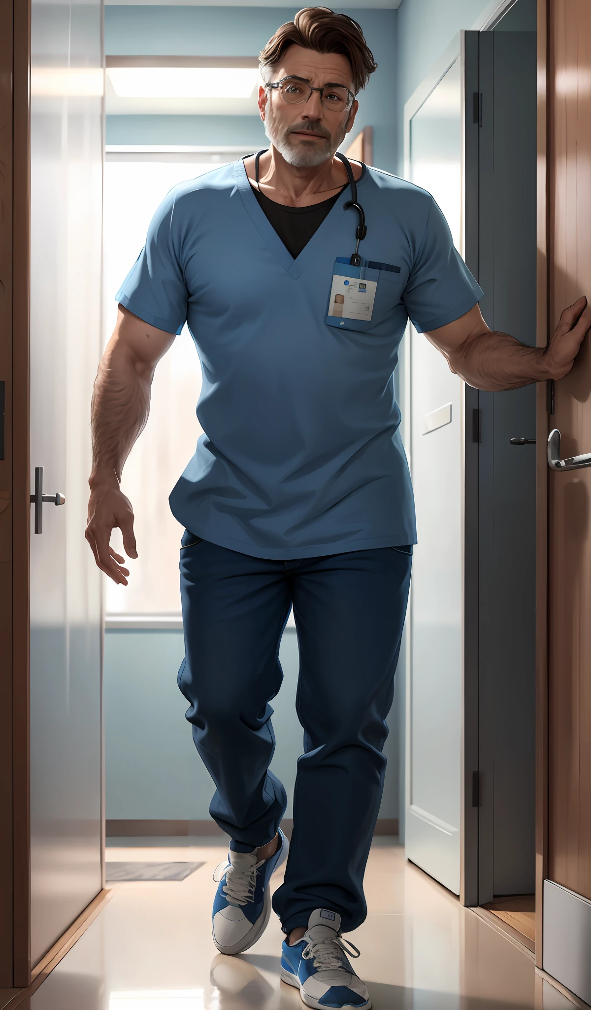 4k, realistic, very detailed, there is a man in the hospital, he is a veterinarian, blue theme, soft clothes, brown hair, wearing doctor's pants, 45 years old, full body, wearing sneakers