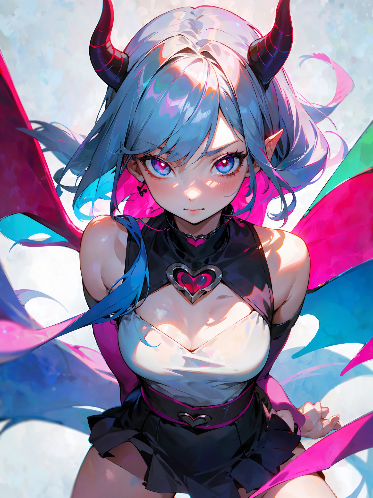 ((masterpiece, best)), 1girl, (mature woman: 1.4), 130mm f1.4 lens, 1girl, solo, pointed ears, heart-shaped pupils, micro skirt, looking down, demon girl, flat chest, demon wings, saturated, colorful , colorful hair, silver hair, blue hair, colorful eyes