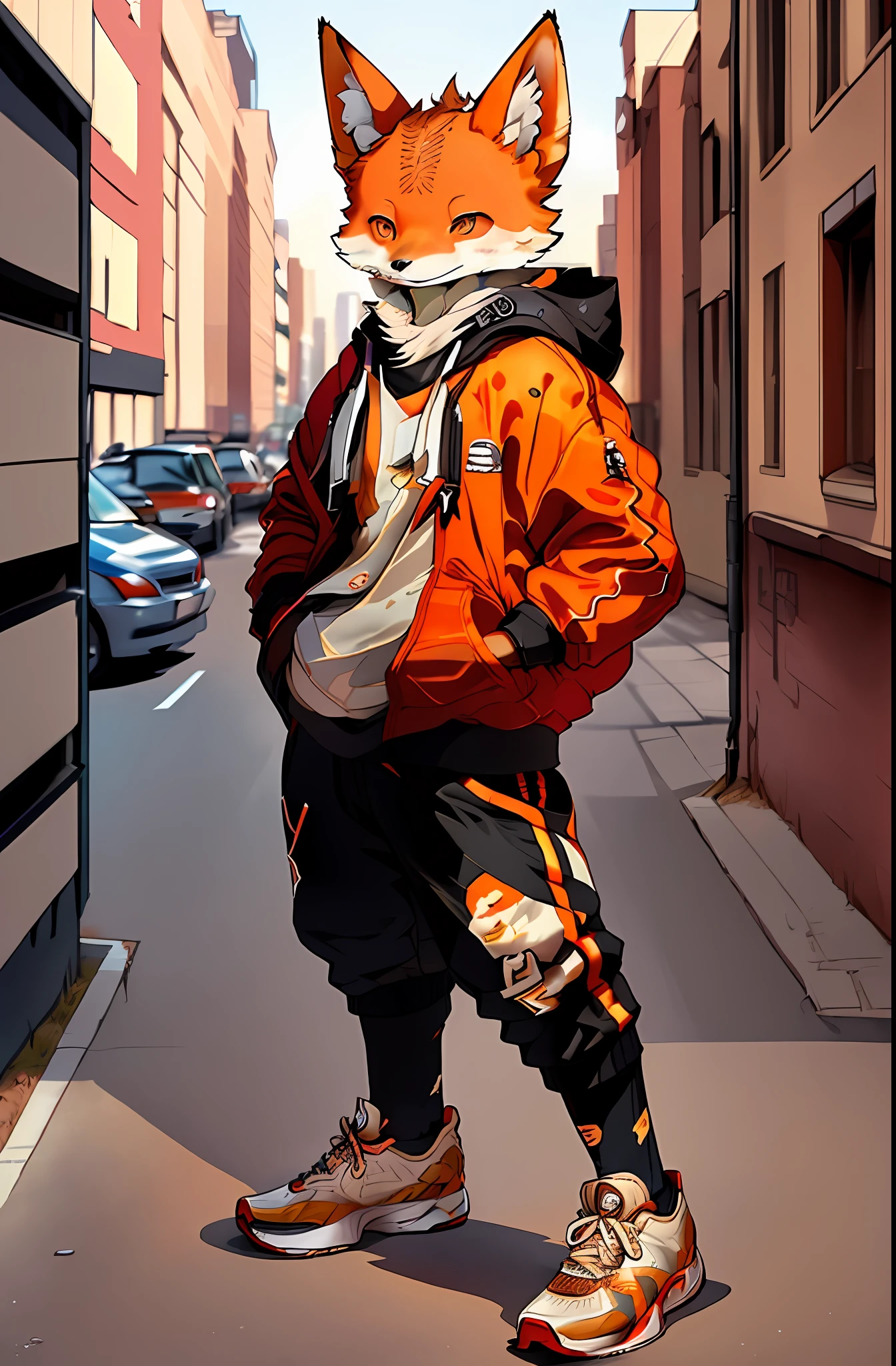 1 beautiful fox ((soil)) (((anthropomorphic,))) , full body, centered, with sportswear with animal graphic pattern, hood on the back, brown socks, sneakers, urban background, 80's american city, ultra-realistic, midday light,