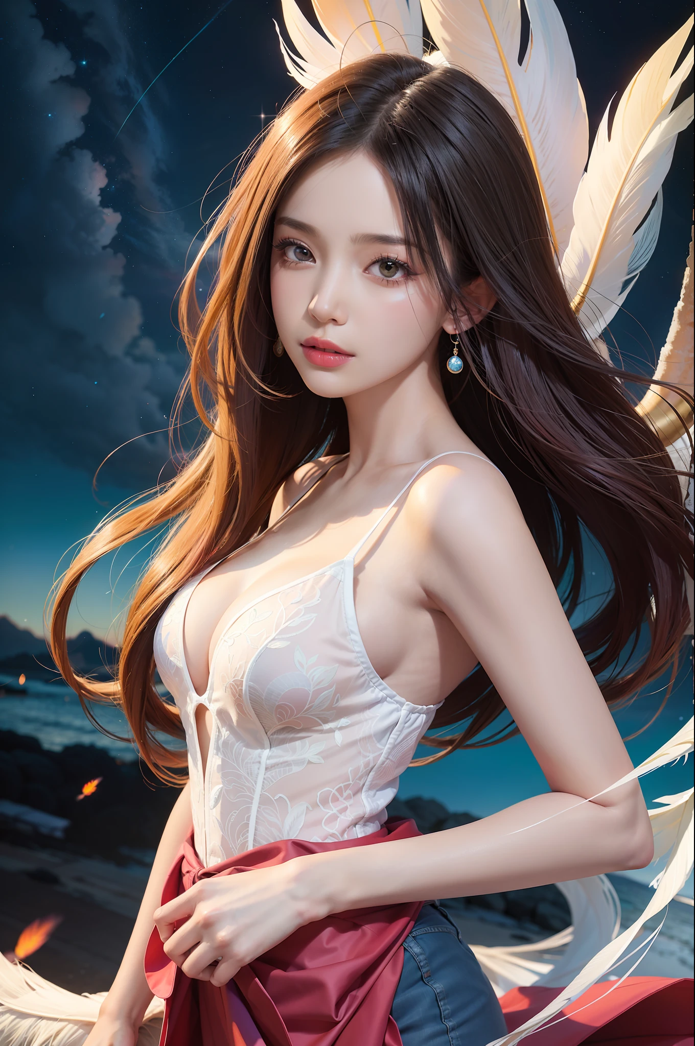 (Masterpiece, Top Quality, Best Quality, Extreme Detail, Supreme Detail, Official Art, Beauty and Aesthetics: 1.2), Color, Denim Shot, Upper Body Shot, Beautiful Face, Solo, Perfect Figure, Flying in the Sky, Portrait of a Girl, Silver Gradient Hair, Brunette | Pink Hair, Fairy, Flowing Streamer, (Sexy, Clothes do not avoid the body: 1.5), sun rays, clouds, semi-nude, hanfu, chinese clothes, water, fireflies, night, starry sky, jewelry, feathers on dresses, peacock feathers, light particles, volumetric lighting, ray tracing (flowing streamers: 1.1), (fantasy: 1.2), illuminators, stars, fantasy, high contrast, ink brush strokes, overexposure, purple and red tone impressions, abstract, (watercolor paintings by Berkey and Jerememan)) brush strokes,