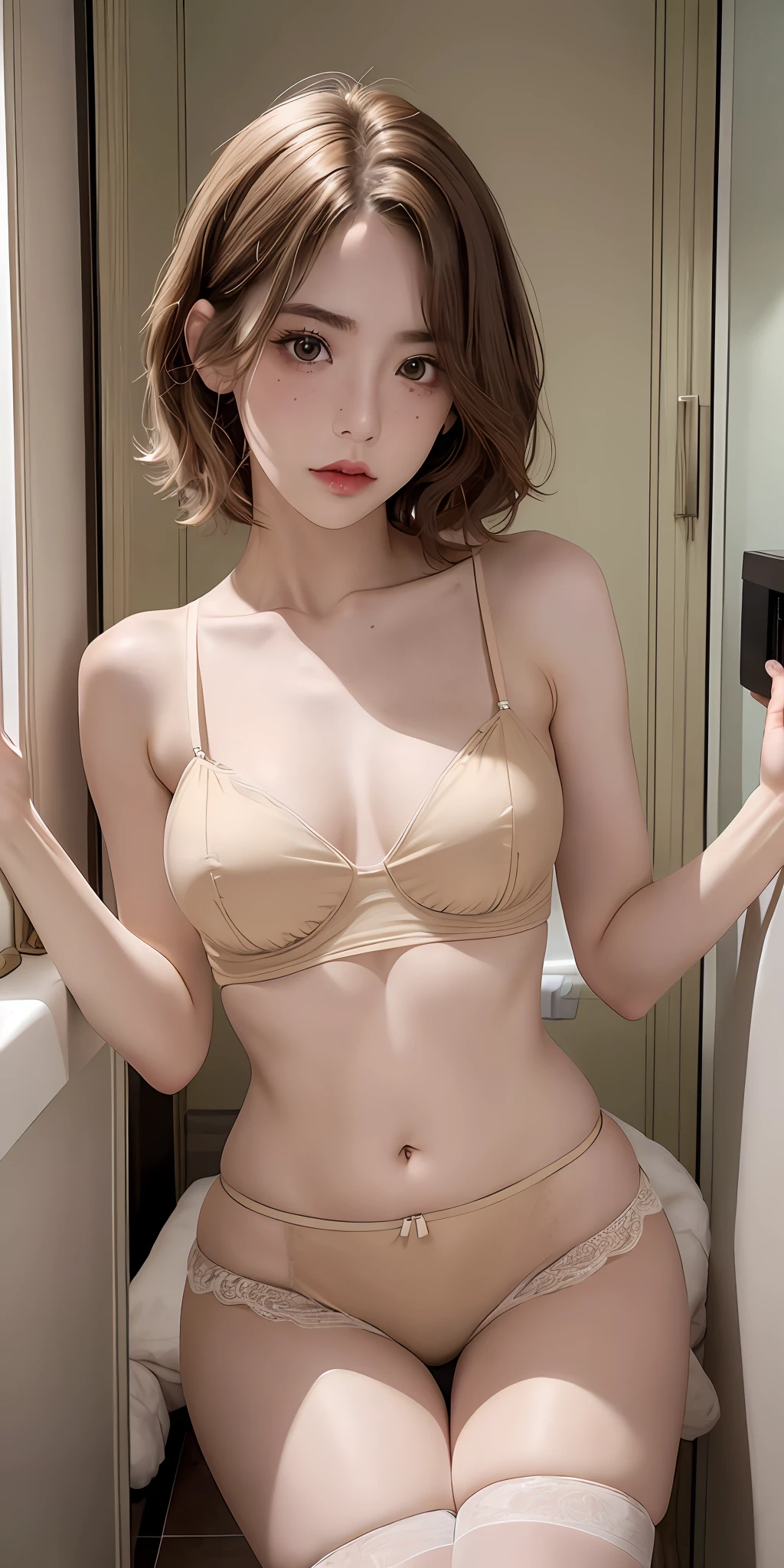 photo of 20 y.o girl in a beige lingerie, short wavy hair, pale skin, heterochromia eye, mole below eye, thick eyebrows, freckles, medium breast, small waist, wide thighs, thigh gap, on bathroom, 8k uhd, dslr, soft lighting, high quality, film grain, Fujifilm XT3,
