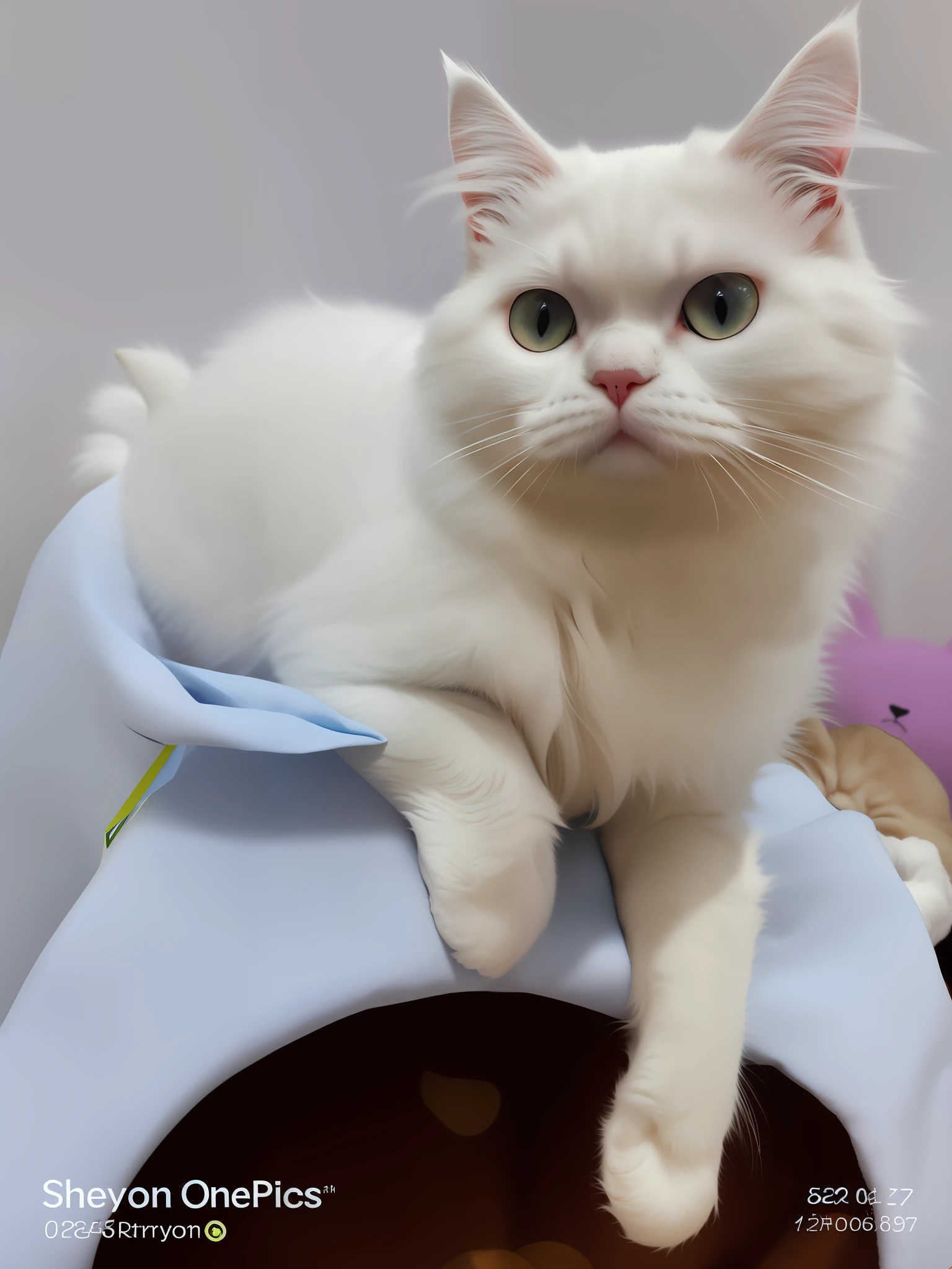 there is a white cat sitting on top of a blue blanket, persian cat, white ( cat ) girl, scottish fold, persian queen, persian princess, an afghan male type, cat female with a whit and chest, awesome cat, a cute cat, cute cat, white cat, fluffy cat, beautiful cat, cute furry needs your help, with cute doting eyes, cyberpunk style