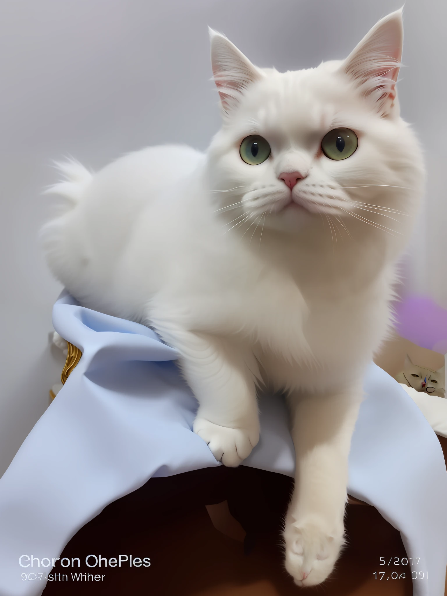 there is a white cat sitting on top of a blue blanket, persian cat, white ( cat ) girl, scottish fold, persian queen, persian princess, an afghan male type, cat female with a whit and chest, awesome cat, a cute cat, cute cat, white cat, fluffy cat, beautiful cat, cute furry needs your help, with cute doting eyes, cyberpunk style