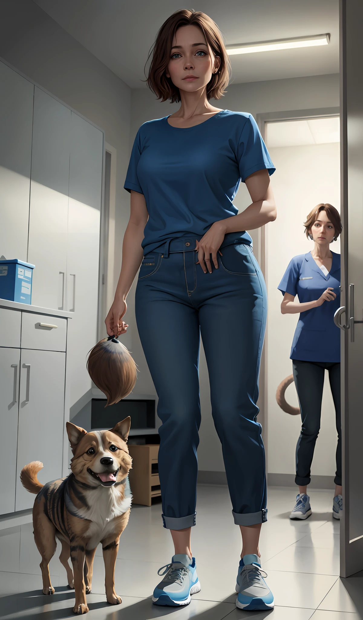 4k, realistic, very detailed, there is a woman in the hospital, els is veterinary, blue theme, soft clothes, brown hair, wearing vet pants, 35 years old, full body, wearing sneakers, with a realistic dog and cat