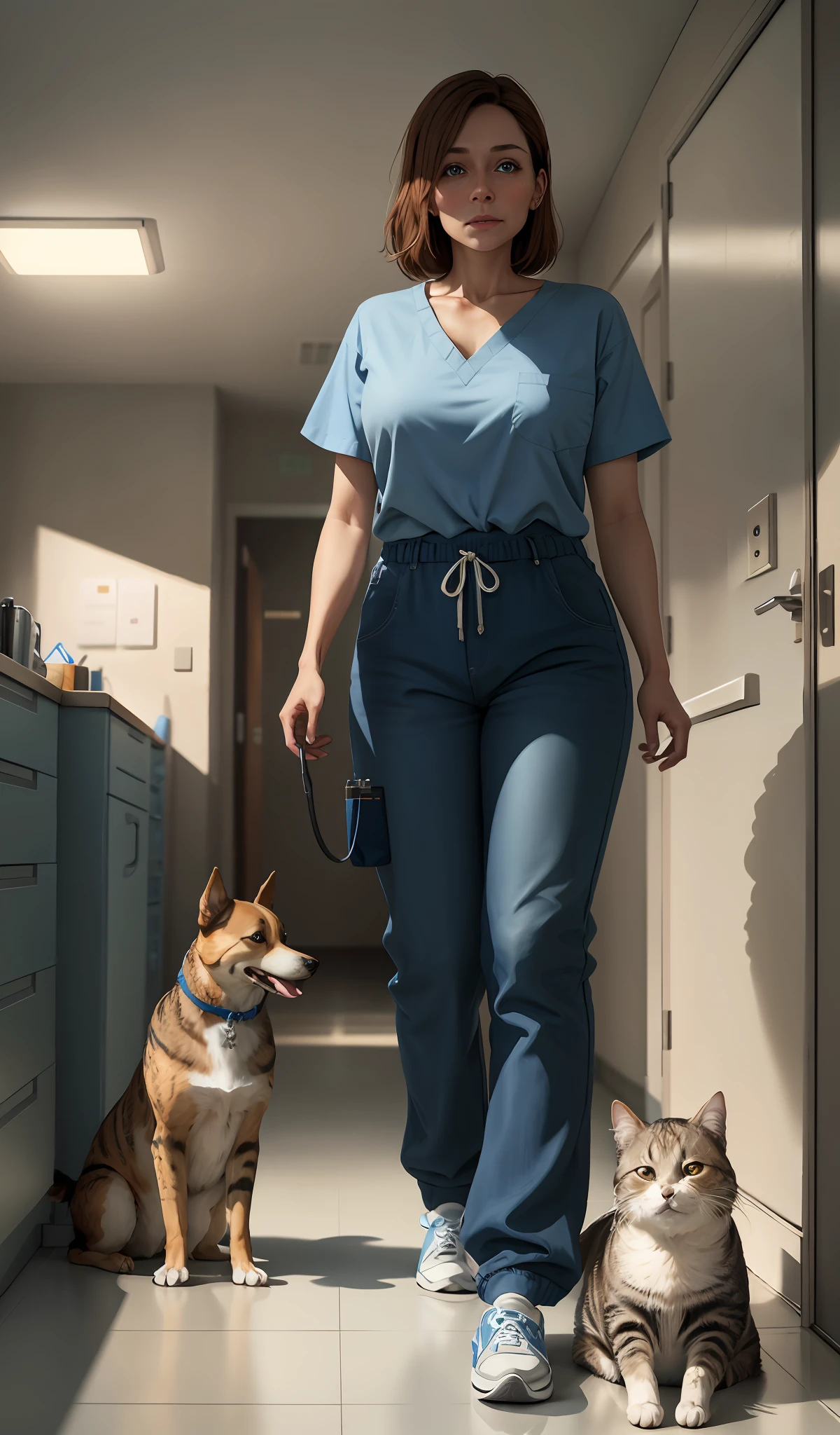 4k, realistic, very detailed, there is a woman in the hospital, els is veterinary, blue theme, soft clothes, brown hair, wearing vet pants, 35 years old, full body, wearing sneakers, with a realistic dog and cat