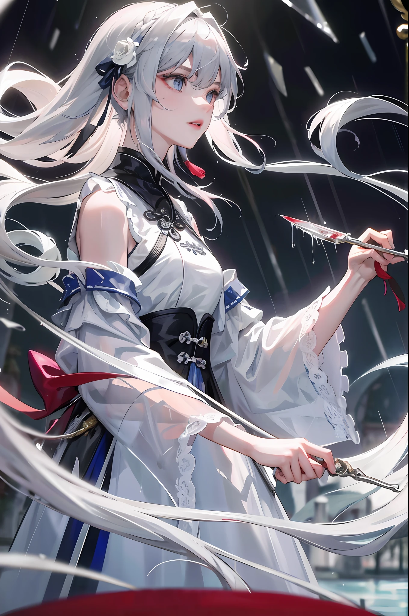 Masterpiece, Superb Night, Outdoor, Rainy Day, Lakeside, Branches, Chinese Style, 1 Female, Mature Girl, Royal Sister, Positive Sister, Silver and White Long-Haired Girl, Gray and Blue Eyes, Light Pink Lips, Cold, Serious, Effeminate, Bangs, Assassin, Short Knife, Bloodstain, Blood, Wound, Rain, Raindrops, Delicate Face, Delicate Face,