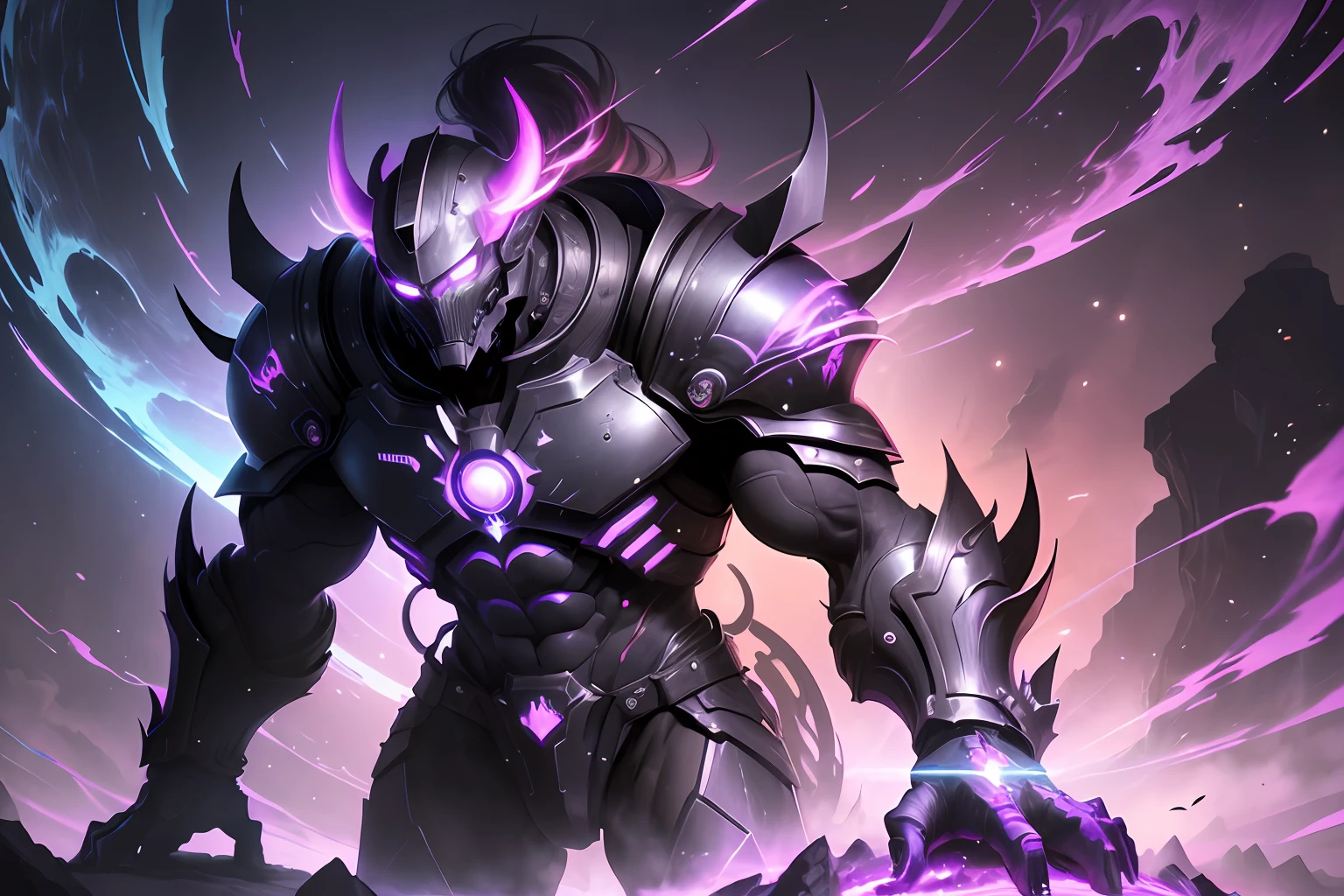 ((highly detailed, concept art, digital art, fantasy art, art station, cinematic, best quality, 16k, ultra-HD)), ((official art)), (solo), cattle, monster, gigantic, male focus, clawed paw, ((no-human)), bright eyes, purple eyes, body made of dark aura, dark aura, flowing darkness, (purple and black color scheme), (vaporwave light), bright, space, chaos 750, stylized 450, rock