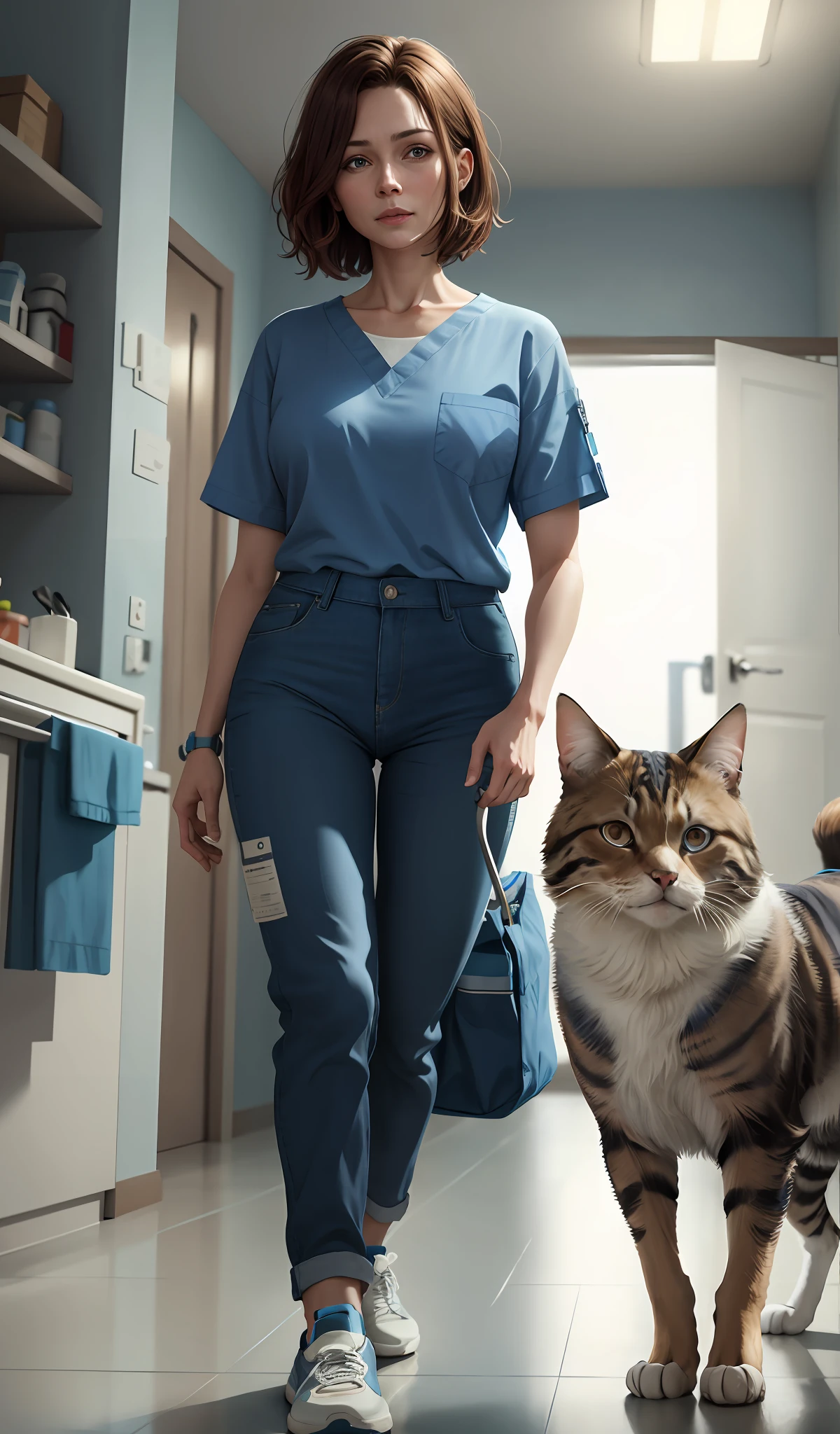 4k, realistic, very detailed, there is a woman in the hospital, els is veterinary, blue theme, soft clothes, brown hair, wearing vet pants, 35 years old, full body, wearing sneakers, with a realistic dog and cat