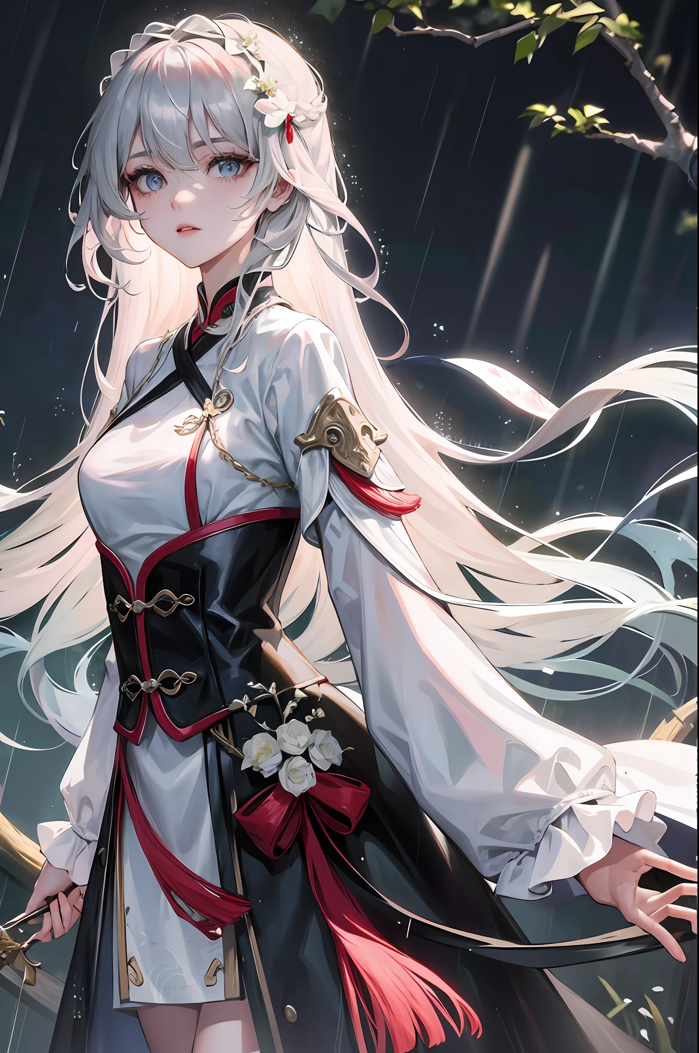 Masterpiece, Superb Night, Outdoor, Rainy Day, Lakeside, Branches, Chinese Style, 1 Female, Mature Girl, Royal Sister, Positive Sister, Silver and White Long-Haired Girl, Gray and Blue Eyes, Light Pink Lips, Cold, Serious, Effeminate, Bangs, Assassin, Short Knife, Bloodstain, Blood, Wound, Rain, Raindrops, Delicate Face, Delicate Face,