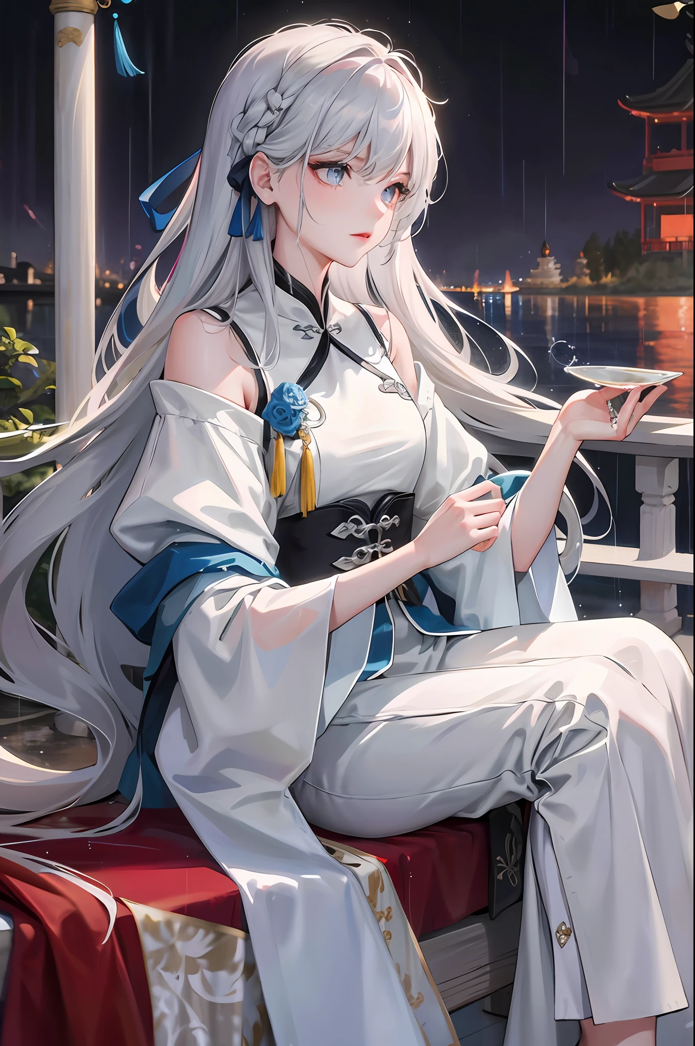 Masterpiece, Superb Night, Outdoor, Rainy Day, Lakeside, Branches, Chinese Style, 1 Female, Mature Girl, Royal Sister, Positive Sister, Silver and White Long-Haired Girl, Gray and Blue Eyes, Light Pink Lips, Cold, Serious, Effeminate, Bangs, Assassin, Short Knife, Bloodstain, Blood, Wound, Rain, Raindrops, Delicate Face, Delicate Face,