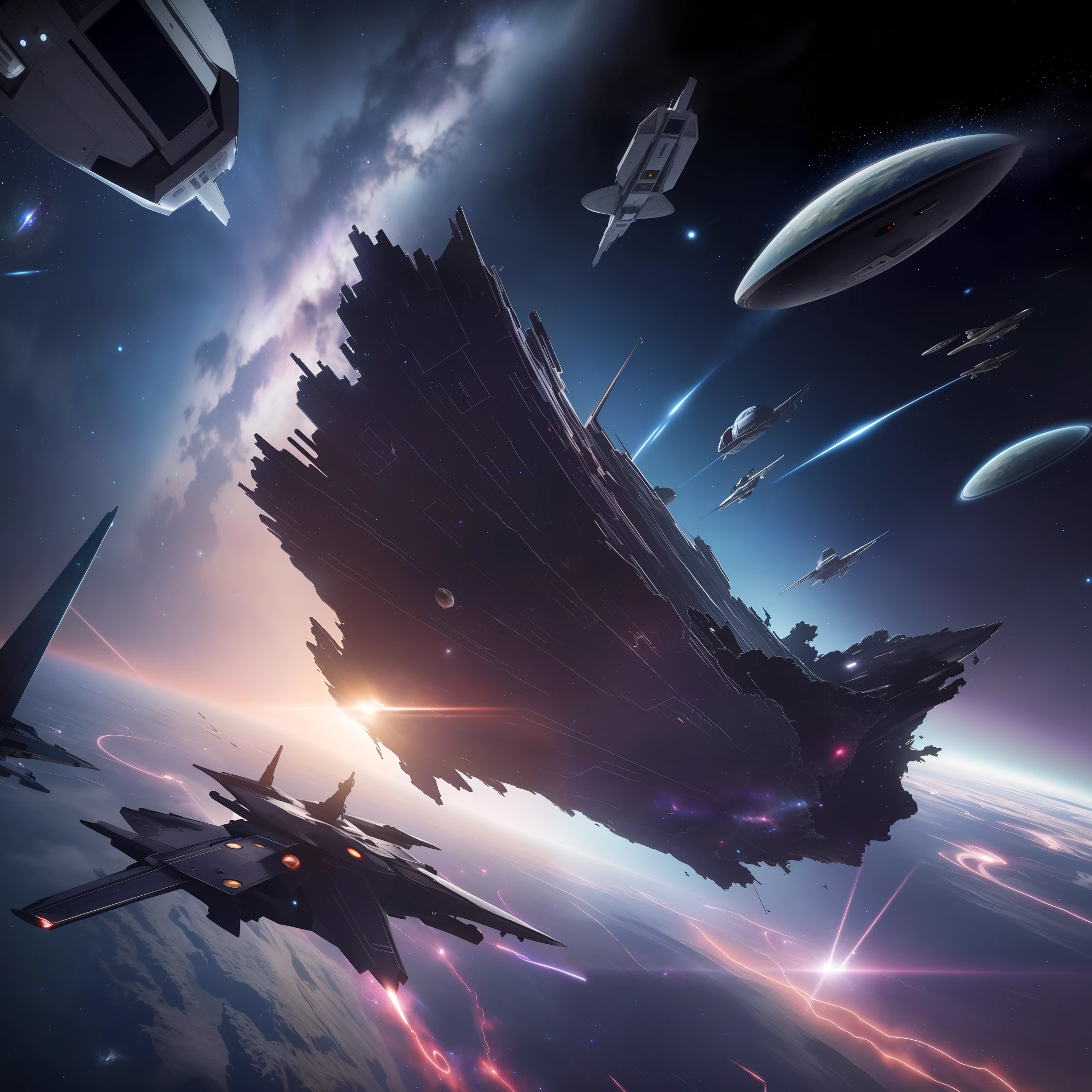 (Space War), vast universe, countless spaceships thinking about Earth Attack, Galactic War. A sky full of stars, majestic, shattered, Star Defense, spaceships. Surrealism, Futurism, Op art, chiaroscuro, cinematic lighting, multiple views, wide shot, panorama, UHD, best quality, high details