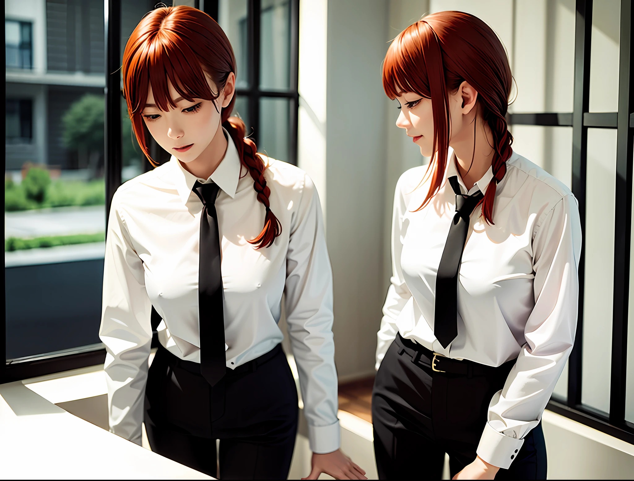Detailed shiny skin, (realism, fidelity: 1.4), a beautiful girl, standing, looking out the window, white shirt, collared shirt, black tie, black pants, long sleeves, smile (nose red), yellow eyes + eye circles, short hair + red hair + long braid, makima \ (chainsawman\) white shirt, collared shirt, black tie, black pants, boring, corneo_makima