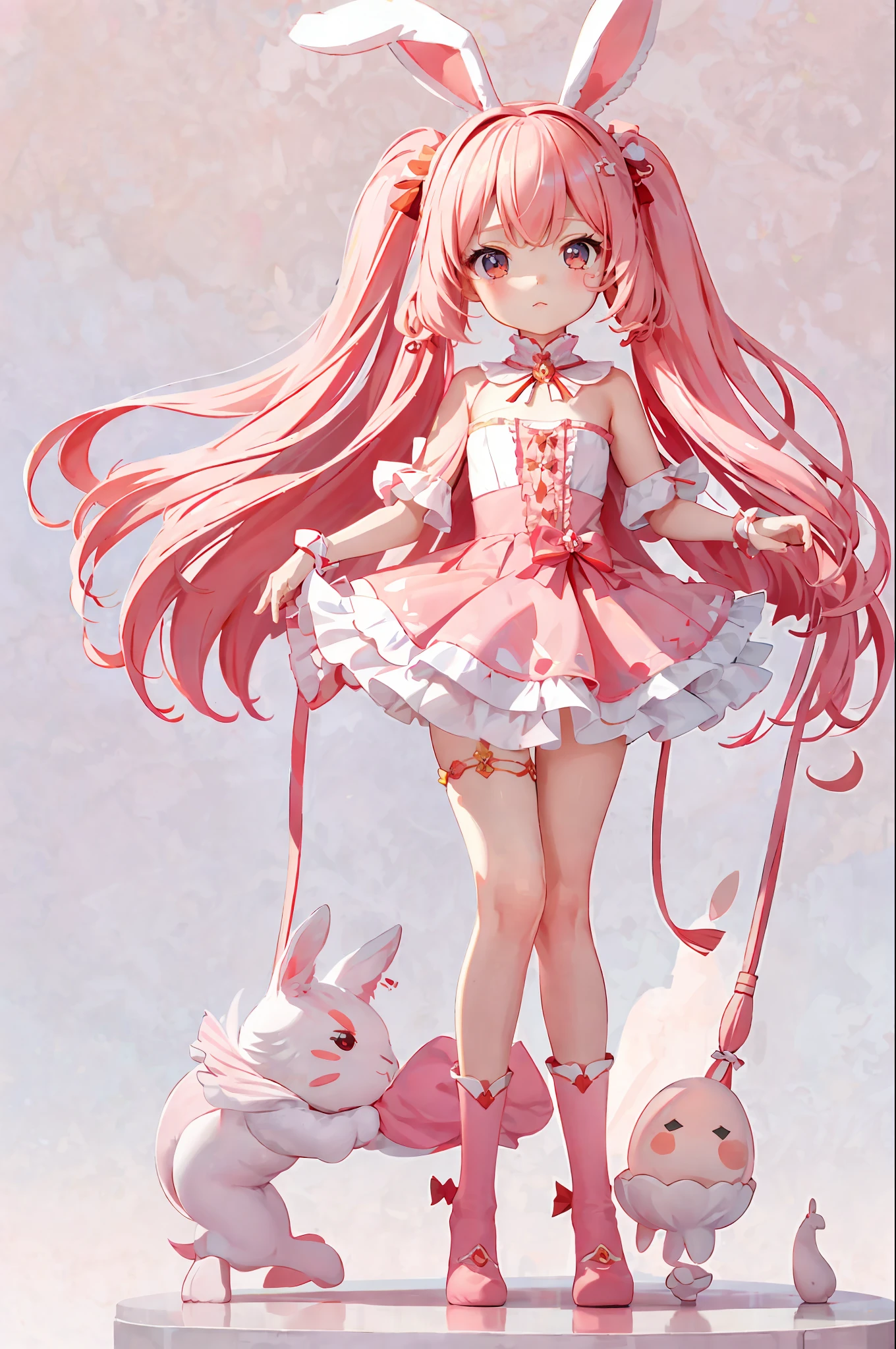 Fresh and cute ultra-detail CG Unity 8K wallpaper, highest quality, extremely high picture definition, ((1girl)) red cheeks are soft and subtle, pull up the dress, wearing rabbit ear thin silk socks, focus on the legs, ankles, pink boots are beautiful, soft cute hair grab shawl makes the girl look more cute.
