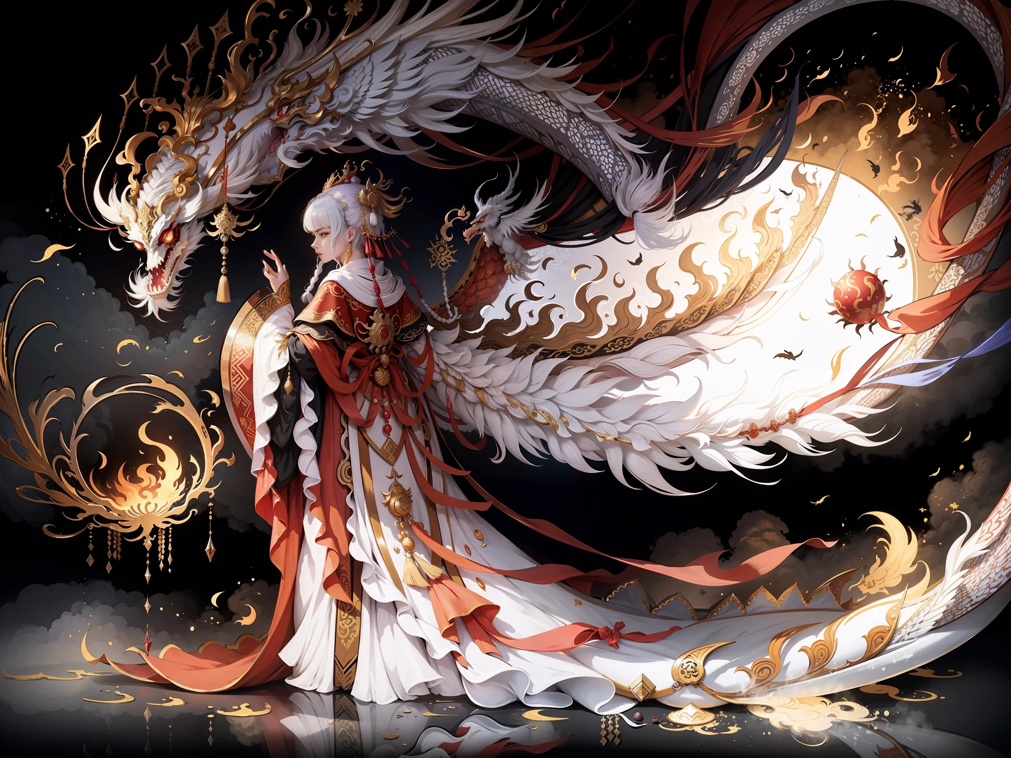 A female emperor, ancient Chinese imperial robe, majestic domineering, dragon flying phoenix dance, sunshine, clear face, clean white background, masterpiece, super detail, epic composition, ultra hd, high quality, extremely detailed, official art, uniform 8k wallpaper, super detail, 32k -- v 6