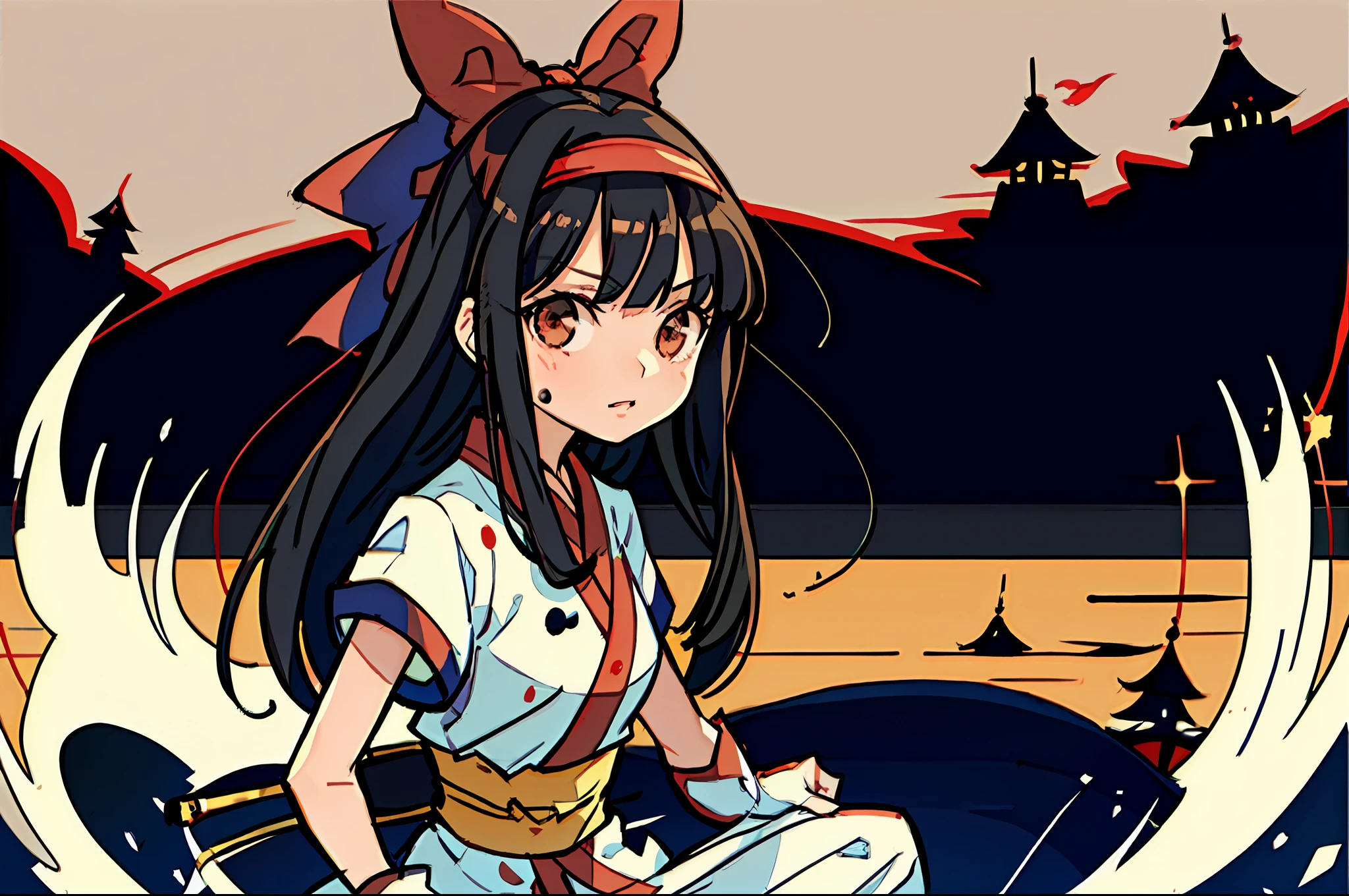 masterpiece, best quality,1girl, red bow, bow, long hair, hair bow, ainu clothes, solo, hairband, black hair, fingerless gloves, short sleeves, gloves, sash, pants, bangs, red hairband, weapon, breasts, brown eyes, white pants, japanese clothes, nakoruru, light smile, officials art, good composition,m, detailed portrait, portrait, bokeh, forest with river, sun behind back, pencil style, traditional brush, samurai, onmyoji style, high resolution, dramatic lighting and shadow, sun flared, blurry foreground, blood plashing around, looking at viewer, hands behind back, hands not in view, face shading, strong lighting, dim light, nostalgia look, dramatic hair, coat