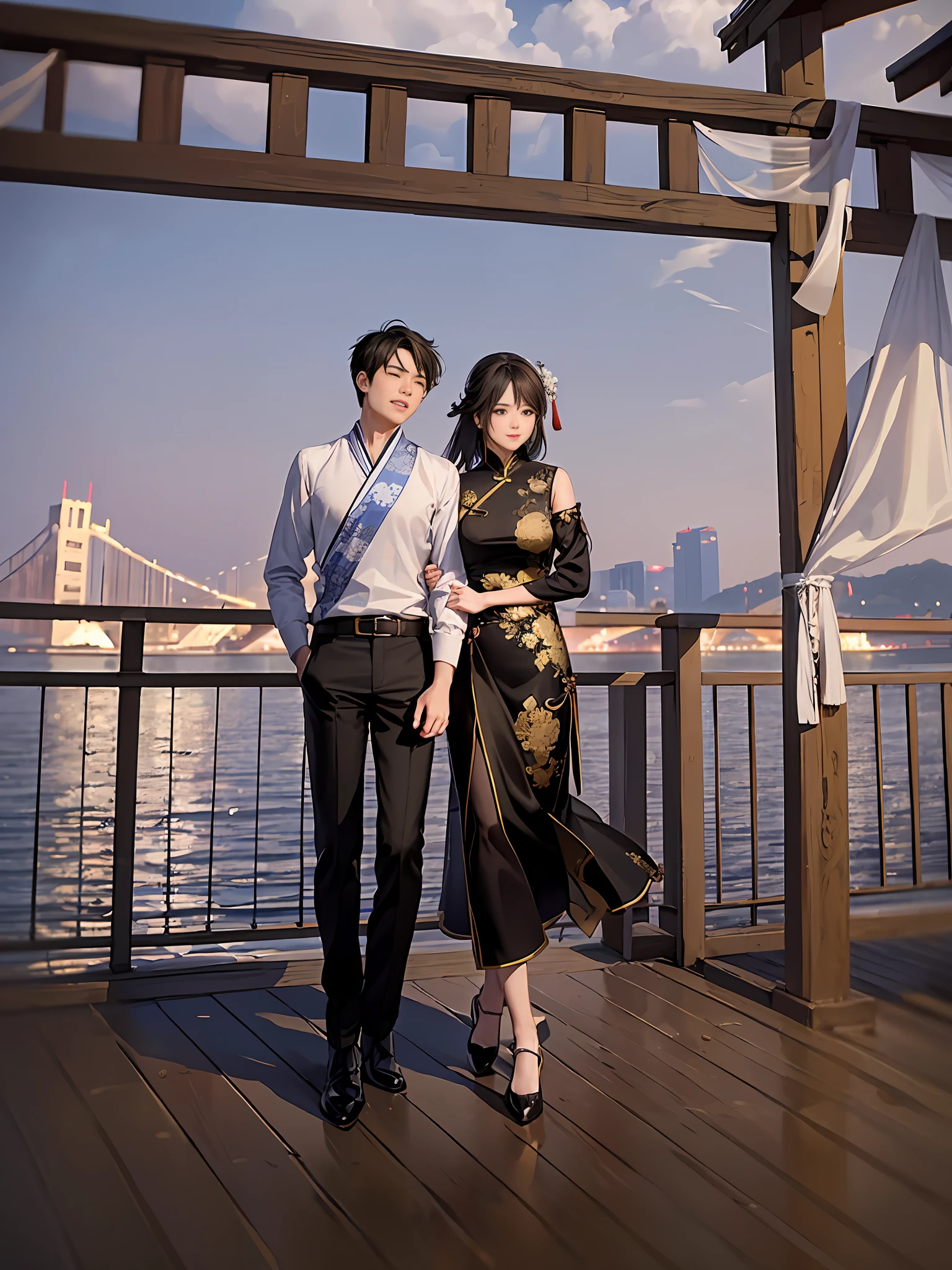((from China))),(2 people on a bridge by the water, caressing each other's hair in the breeze), Ruan Jia and Zhong Fenghua, cute couple, happy couple, (fine face), (couple), (Low Resolution: 0.5), (close-up portrait, blurred background), (boy without glasses) (girl wearing glasses) (beautiful colors), (romantic atmosphere), (breezy face), (hug), (detail rendering), (clear sky)