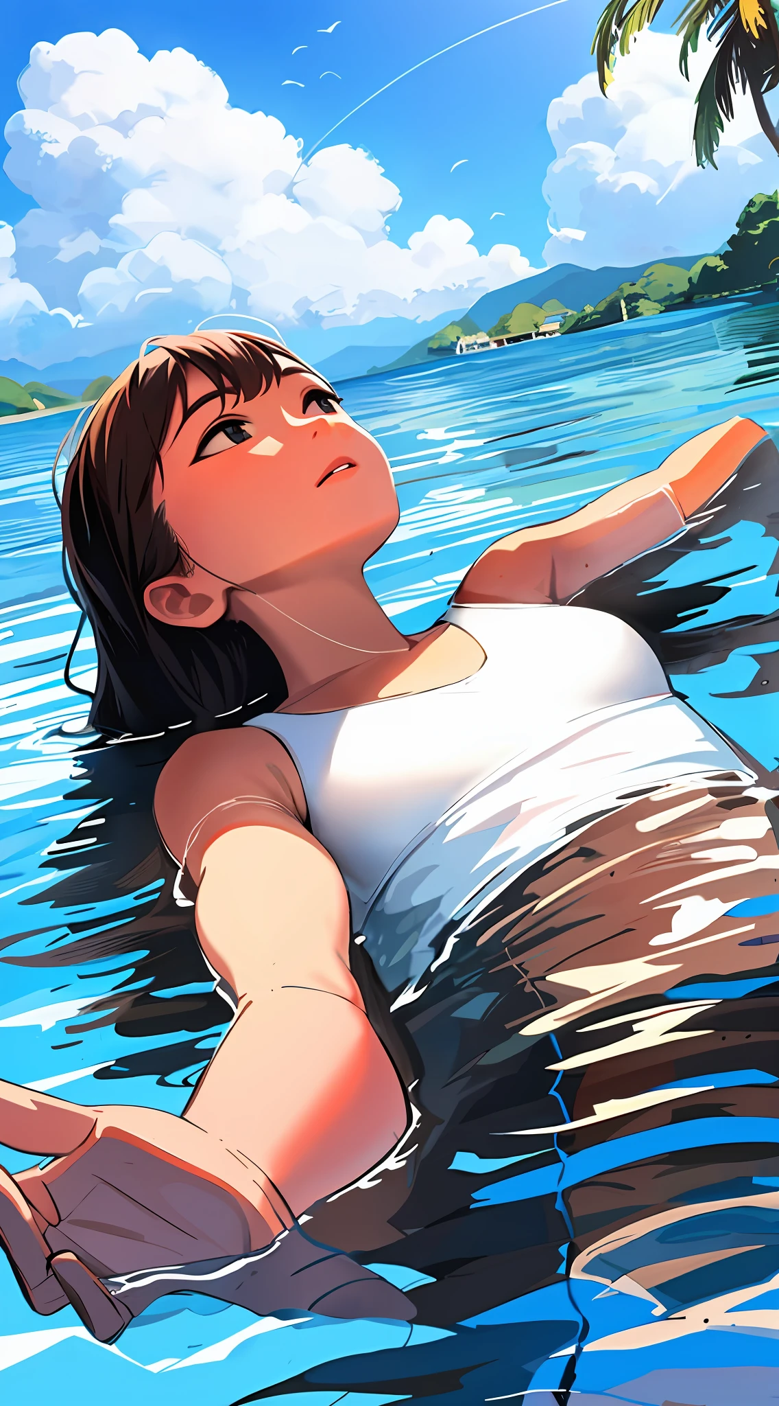 Lying on her back on the water, ((backstroke)), face up towards the sky, the girl lies on the water, lying down, lying flat