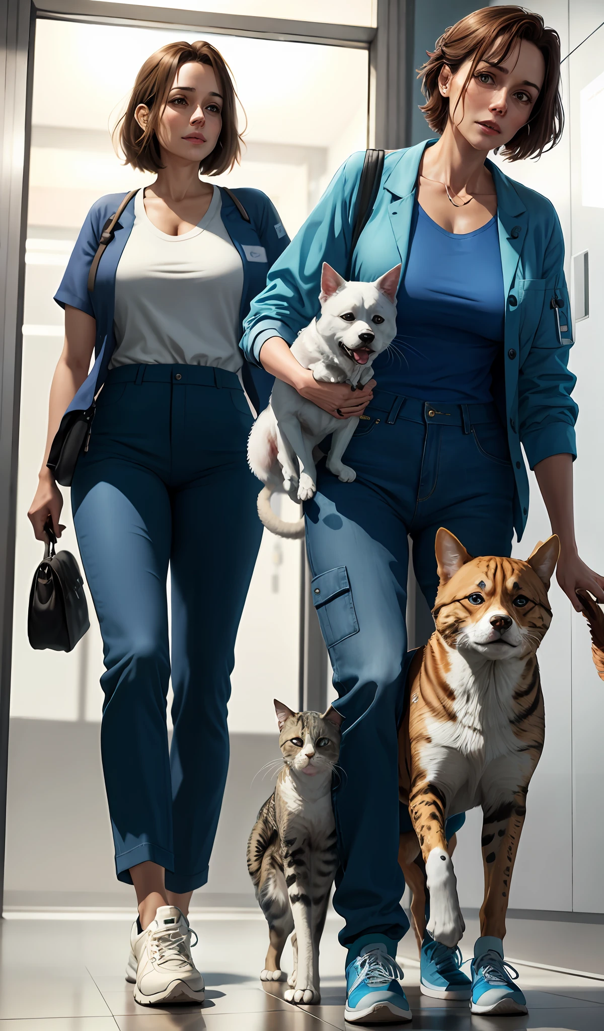 4k, realistic, very detailed, there is a woman in the hospital, els is veterinary, blue theme, lab coat, soft clothes, brown hair, wearing veterinary pants, 35 years old, Brazilian, full body, wearing sneakers, with a realistic dog and cat