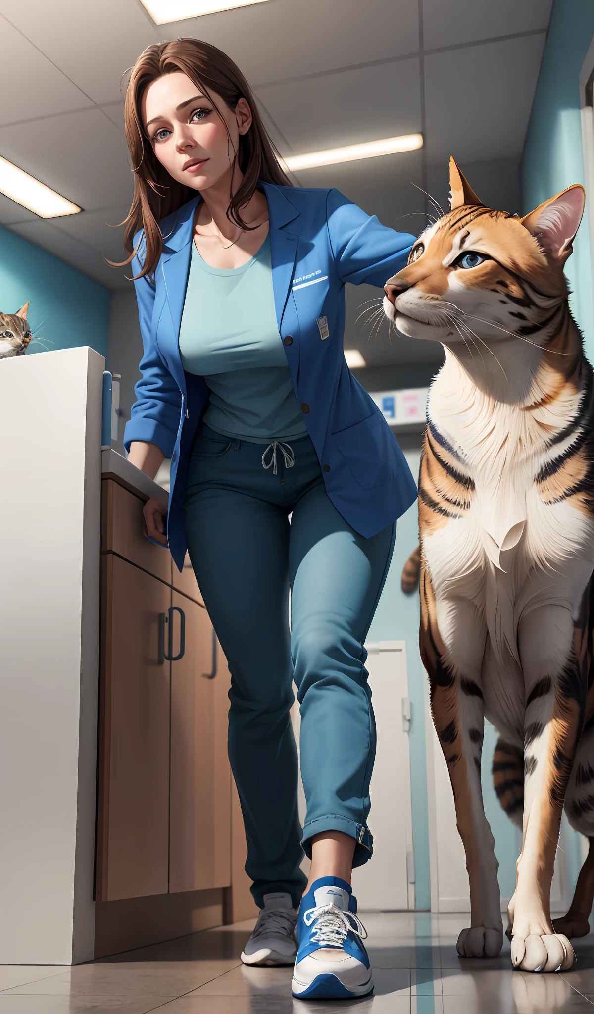 4k, realistic, very detailed, there is a woman in the hospital, els is veterinary, blue theme, lab coat, soft clothes, brown hair, wearing veterinary pants, 35 years old, Brazilian, full body, wearing sneakers, with a realistic dog and cat