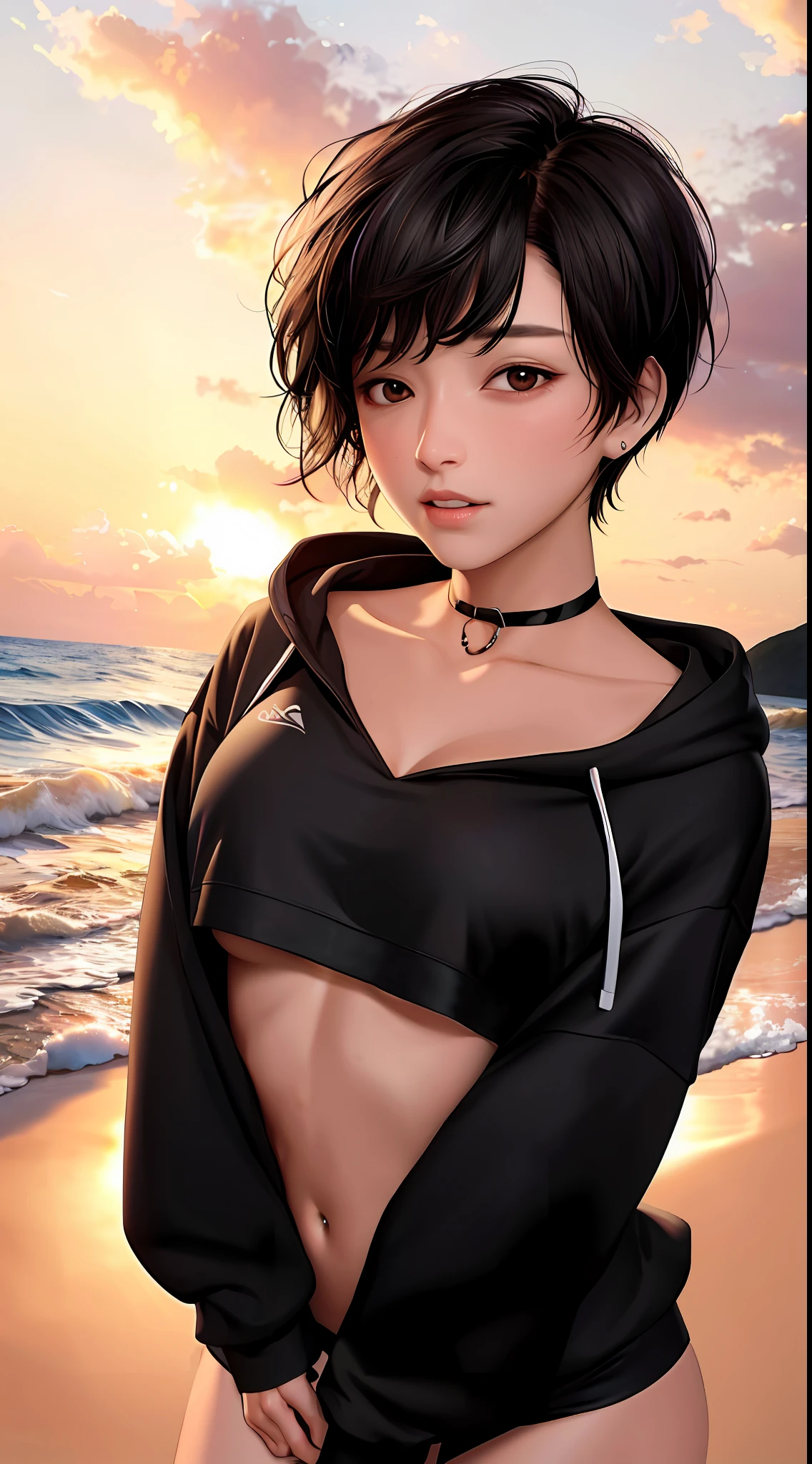 [2girl:1girl:0.3], 2 girls, solo, short medium black hair, pixie cut, tan, (muscular:0.9), (medium breasts:0.1), (medium breasts: 0.25), messy hair, lovestruck, full-face blush, choker, BREAK (sexy black oversized_hoodie:1.1) BREAK beach, dramatic lighting, absurds, best quality, clouds, golden hour, sunlight,