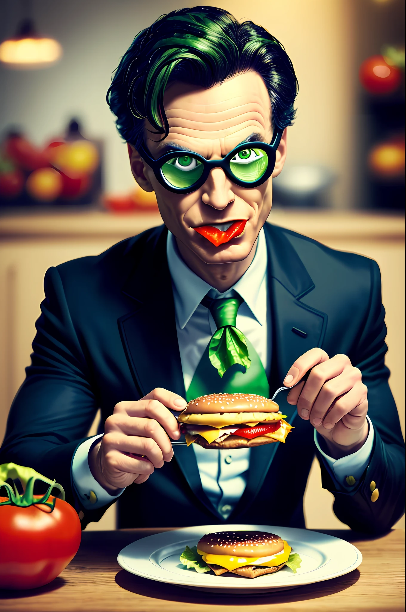 masterpiece, best quality, realistic, the Riddler of Batman eating hamburger \(food, food focus, tomato, blurry, still life, hamburger, cup, lettuce, fruit, onion, bowl, depth of field, vegetable, blurred background, cheese\),