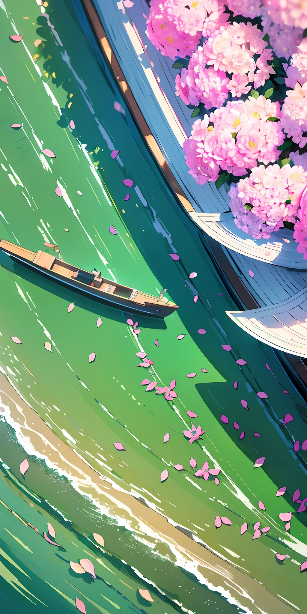 Masterpiece, best quality, (very detailed CG unity 8k wallpaper) (best quality), (best illustration), (best shadows) Nature's delicate leaves petals of rainbow colors falling in the air light Tracking, two boat, running flower super detailed --v6