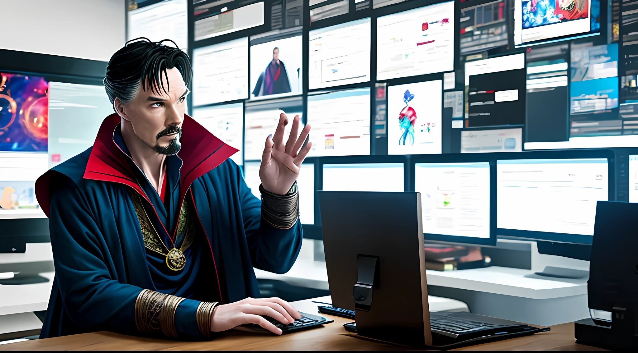 Dr Strange using a computer inside a design office