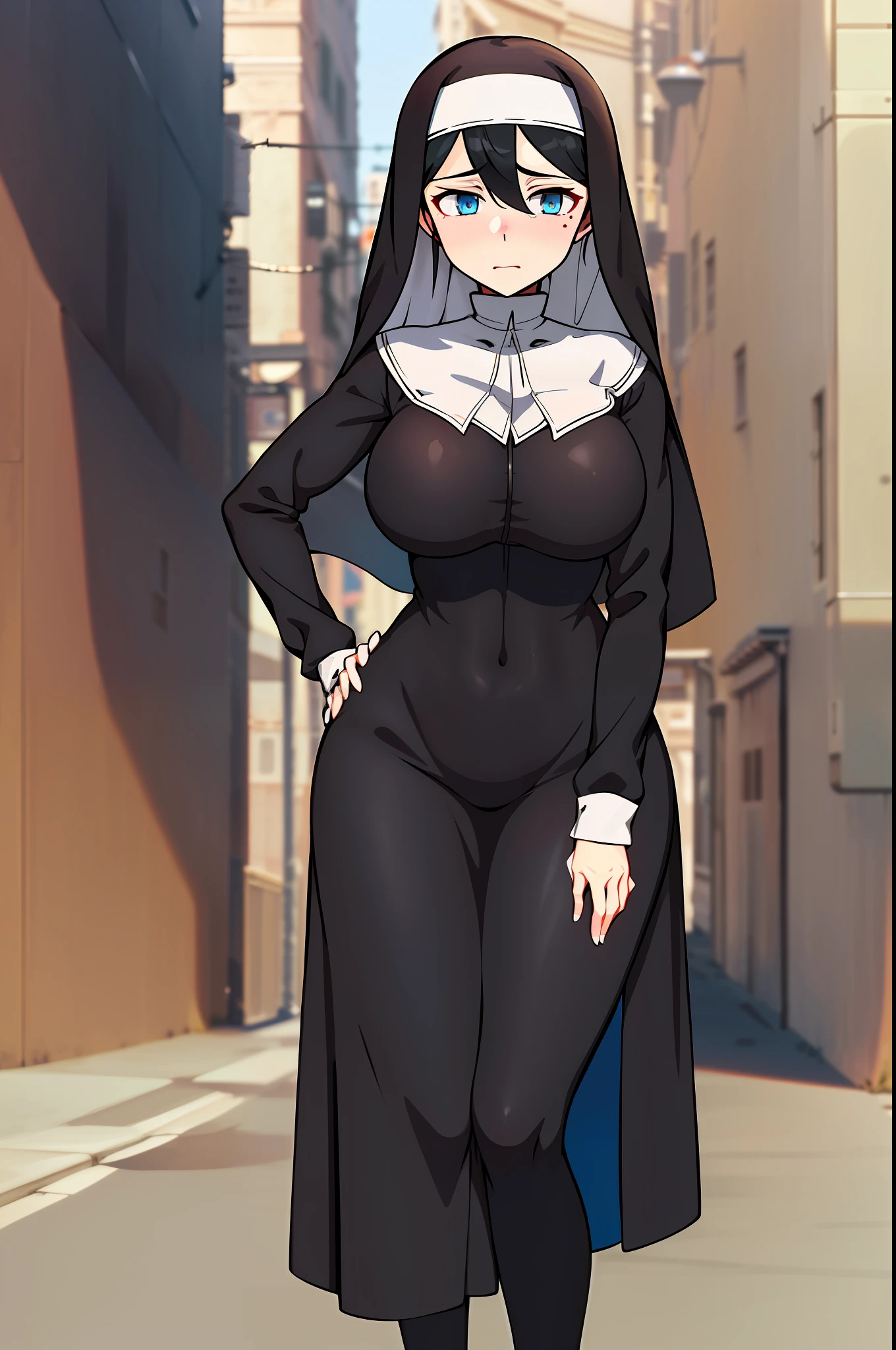 (extremely detailed CG unit 8k wallpaper: 1.1), high resolution, detailed body skin, contrast, color, shadows, street background, 1girl, nun, long black hair, (blue eyes), huge chest, loose breasts, hands on hips, embarrassed, goth