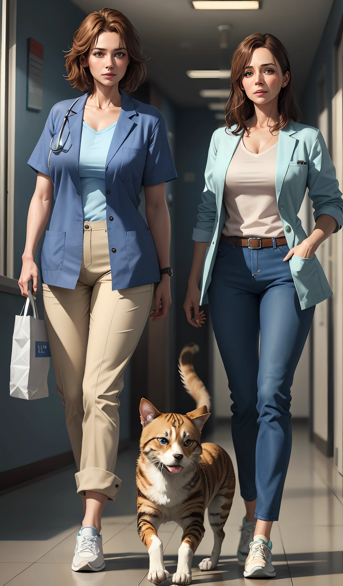 4k, realistic, very detailed, there is a woman in the hospital, els is veterinary, blue theme, lab coat, soft clothes, brown hair, wearing veterinary pants, 35 years old, Brazilian, full body, wearing sneakers, with a realistic dog and cat