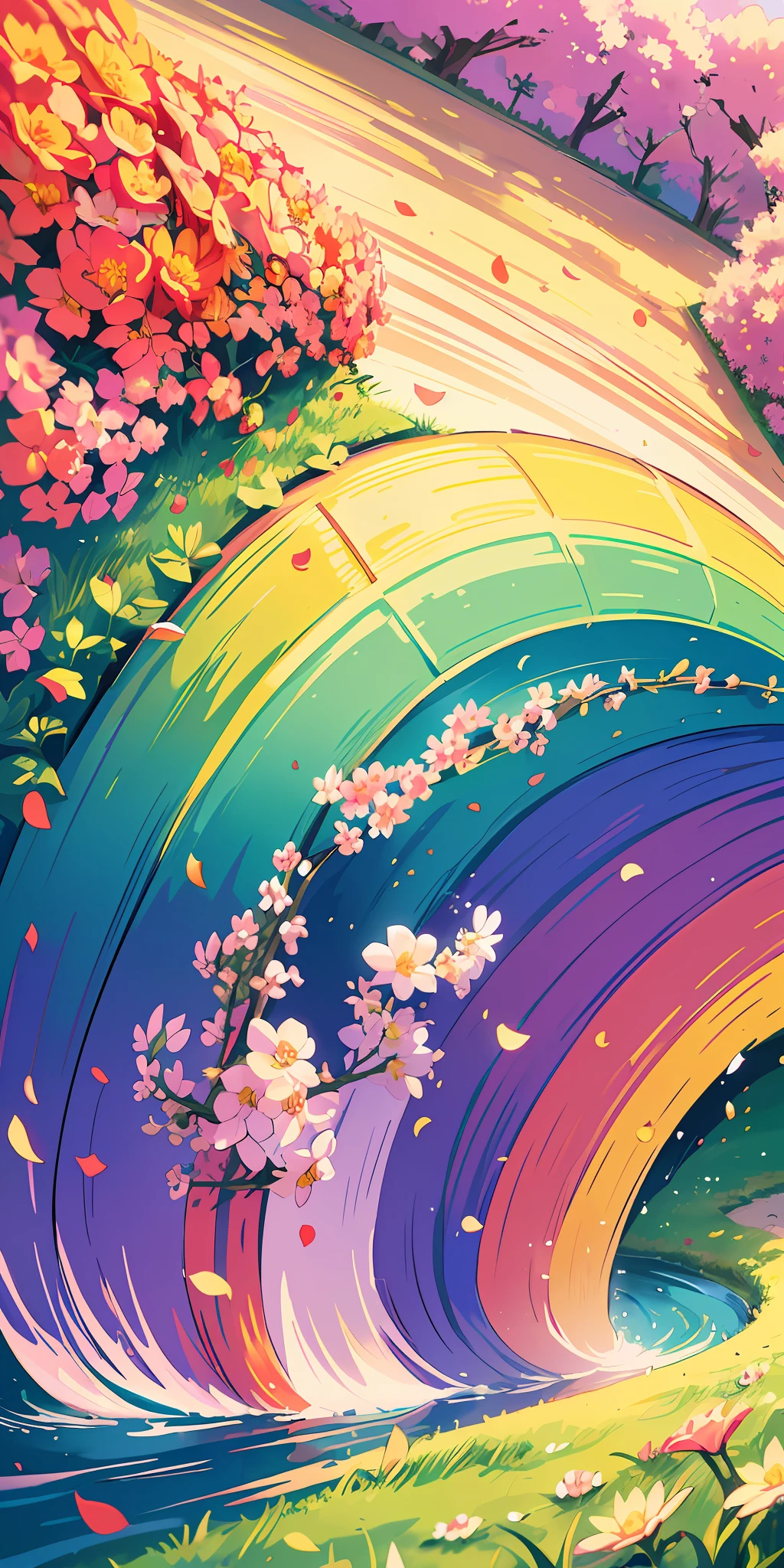 Masterpiece, best quality, (very detailed CG unity 8k wallpaper) (best quality), (best illustration), (best shadows) Nature's delicate leaves petals of rainbow colors falling in the air light Tracking, two boat, running flower super detailed --v6