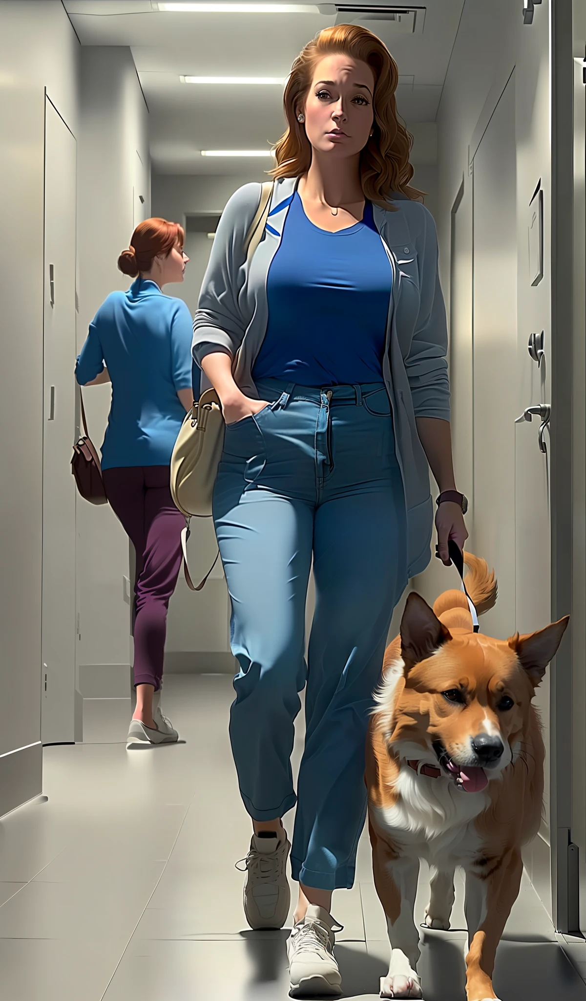 Woman walking dog and a cat in the hallway with other women in the background, still from a live action movie, live action movie scene, very realistic movie still, full color still, scene from a movie, from a movie scene, still from a movie, screenshot from a movie, realistic movie still, shot from movie, still from movie, Bojack Horseman in real life