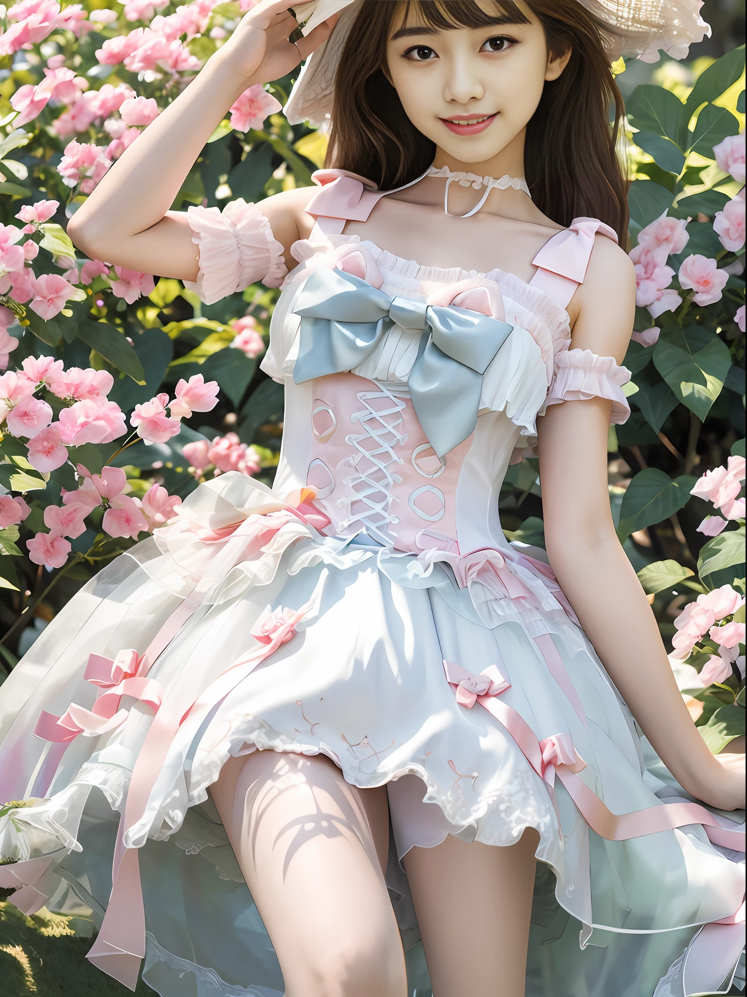 (Ultra-realistic 8K.) CG: 1.1), Perfect artwork, Sunshine, (looking at the audience), Masterpiece, (Perfect face in painting: 1.3), (Beautiful face: 1.2), (Delicate facial features: 1.2), (Chinese girl: 1.5), Happy, (Fine eye: 1.3), (18 years: 1.5), (Solo: 1.5), Bloom, wide hips, slim, blush, 3D background, flowers, (smile: 1.3), long black hair, medium breasts, (long hair fluttering: 1.3), full body, (Radiant Garlic: 1.3), (Clear Fingers: 1.3), (sweet_lolita: 1.3), (PerfectNwsjMajic: 1.6)