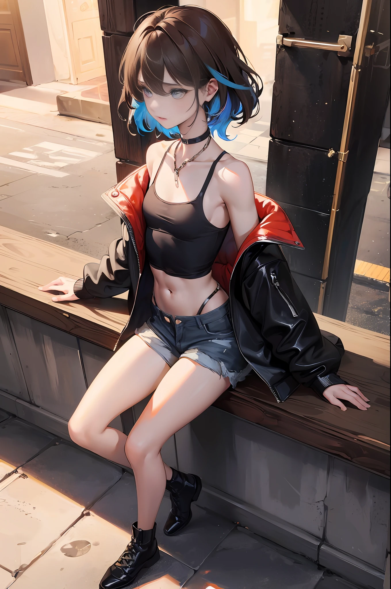 ((medium chest, tomboy, small head)), (well-defined abs: 1.1), (perfect body: 1.1), (short wavy hair: 1.2), russet hair, collar, chain, full body photo, crowded streets, wearing black vest, denim jacket, ((shorts)), (extremely detailed CG 8k wallpaper), (extremely delicate and beautiful), (masterpiece), (best quality: 1.0), (super high resolution: 1.0), beautiful lighting, perfect lightning, realistic shadows, [high resolution ], delicate skin, ultra-detailed ((colorful)))