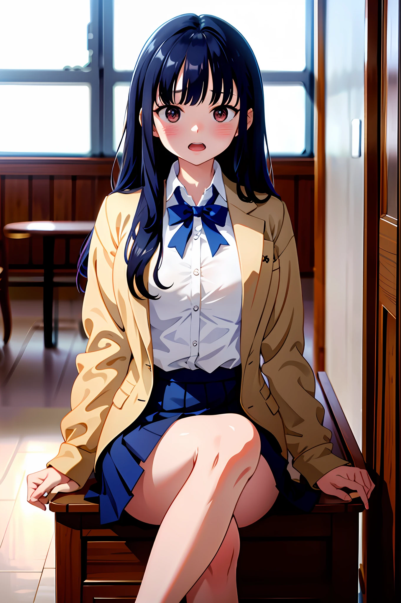 masterpiece, absurd, super detailed, anna yamada, long hair, long sleeves, open coat, room, school uniform, 1 girl, brunette hair, blue pleated skirt, blazer, blush, white collar shirt, solo, (eat spoon: 1.5), blush, angry, candy on the table, outdoors, (sitting in the library: 1.5), open mouth, (masterpiece: 1.2), high resolution, best quality, 8k, very clear,