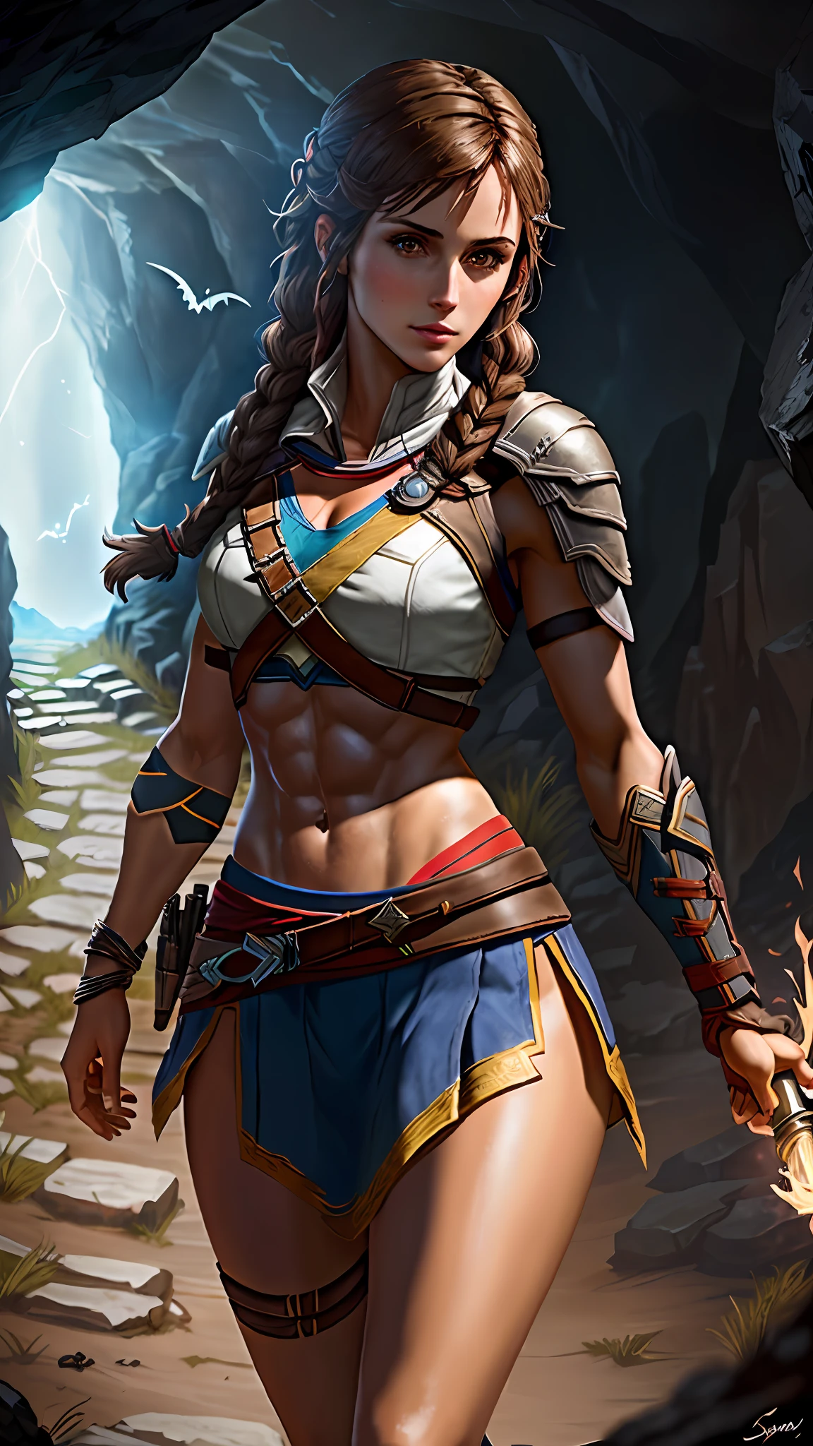 Solo, Kassandra (from assassin's creed oyssey, 1female, stron, toned abs, brown hair with side braids, brown eyes, light brown skin, Greek) exploring a dark cave with torch in hand, bats flying. ((masterpiece), best quality, ultra high resolution)