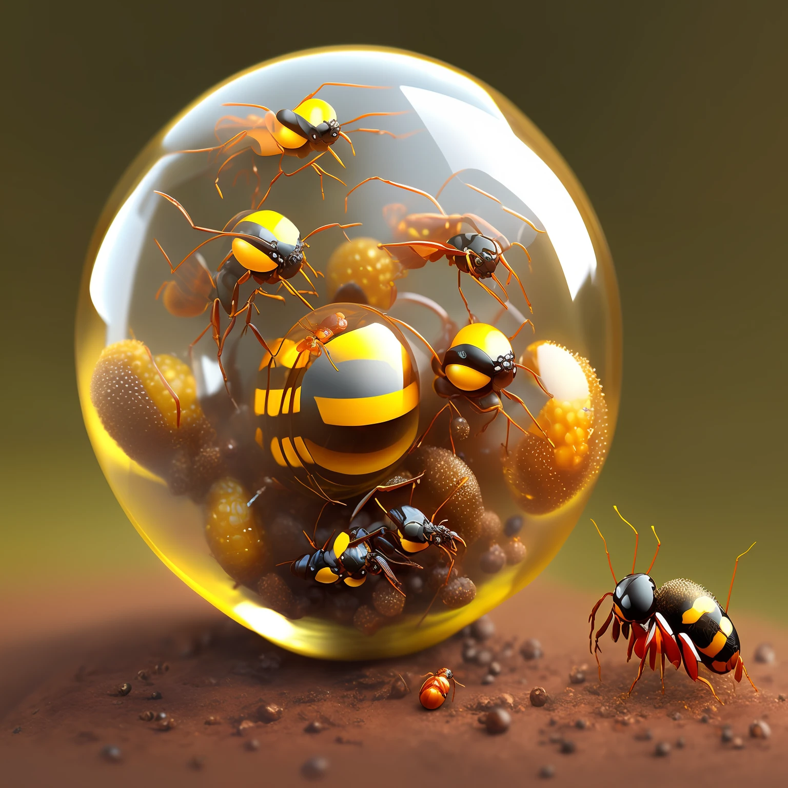 glass sphere anthill, yellow wasp, red stawberry, ants on ground, game design, high resolution, fantasy 3D-imagine-imagine