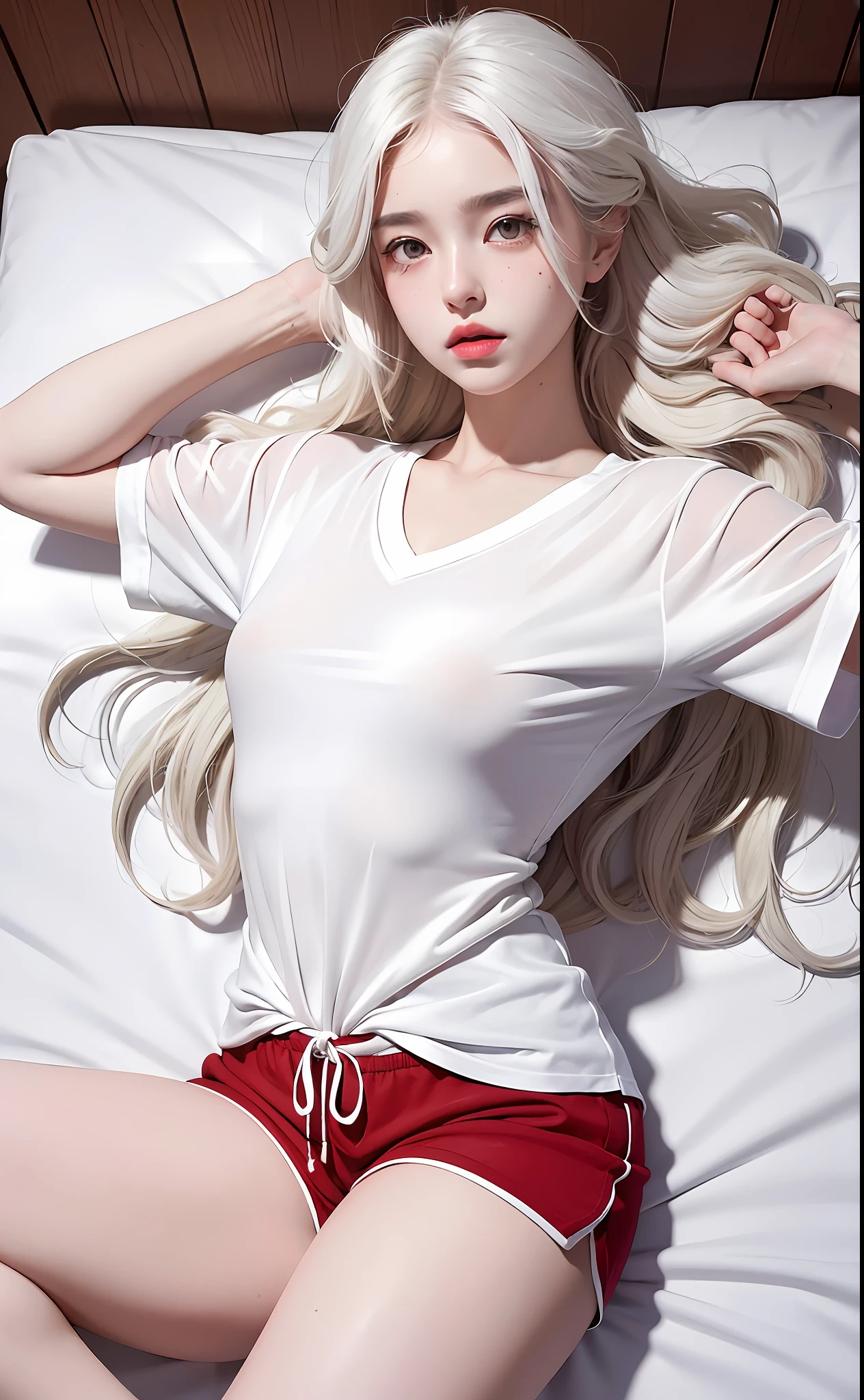 (Masterpiece, realistic, high resolution), (1 girl): 1.2), Korean, ((white wavy hair): 1.3), (heterochromic eyes: 1.1, thick eyebrows, small moles under the eyes), tie, (white shirt, red sports shorts), ((medium breasts): 1.2, thighs), in bed