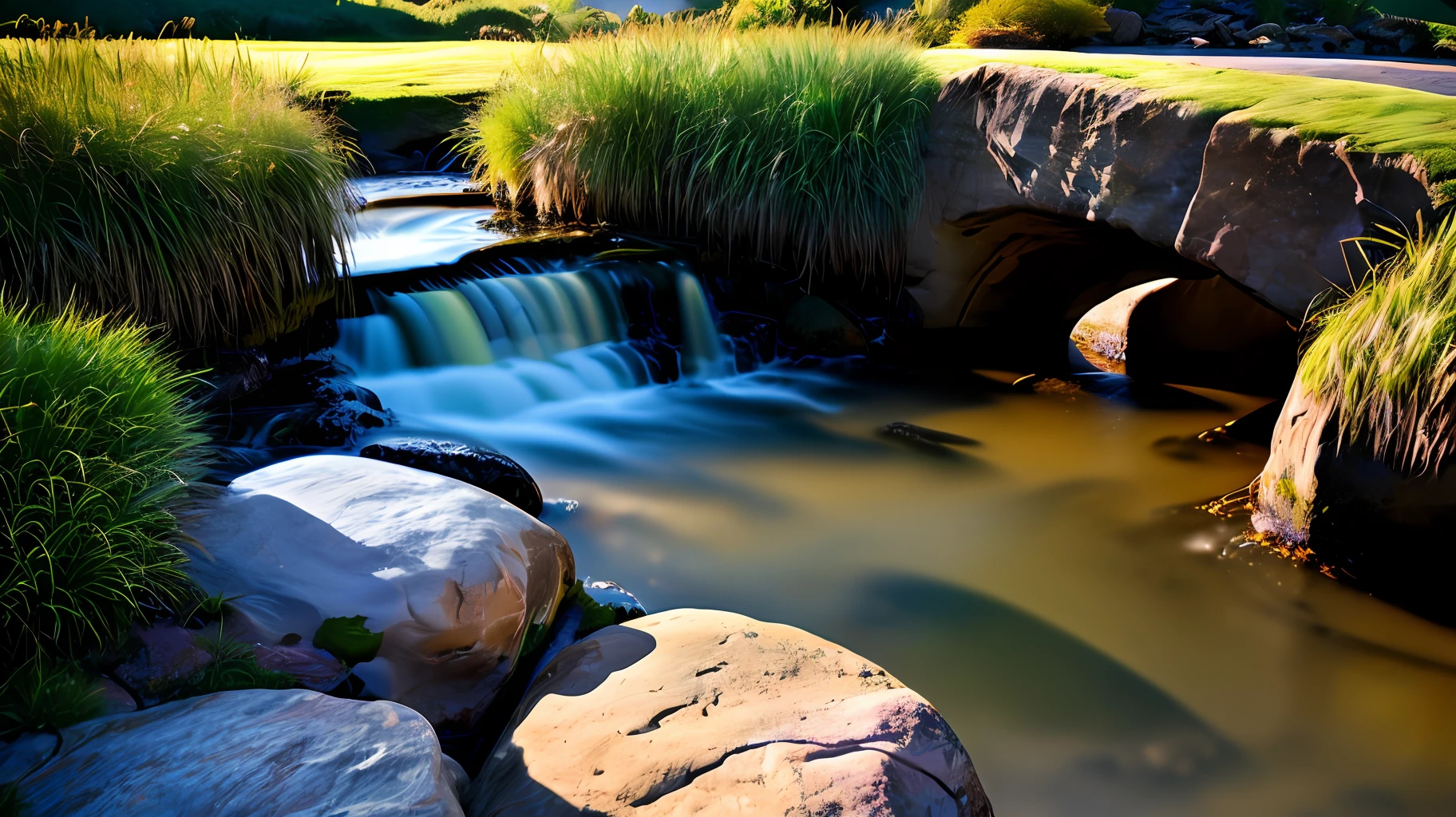 streams, mounds, rocks, bridges, sunlight reflecting on water, RAW photo, realistic, surrealism, 8k,