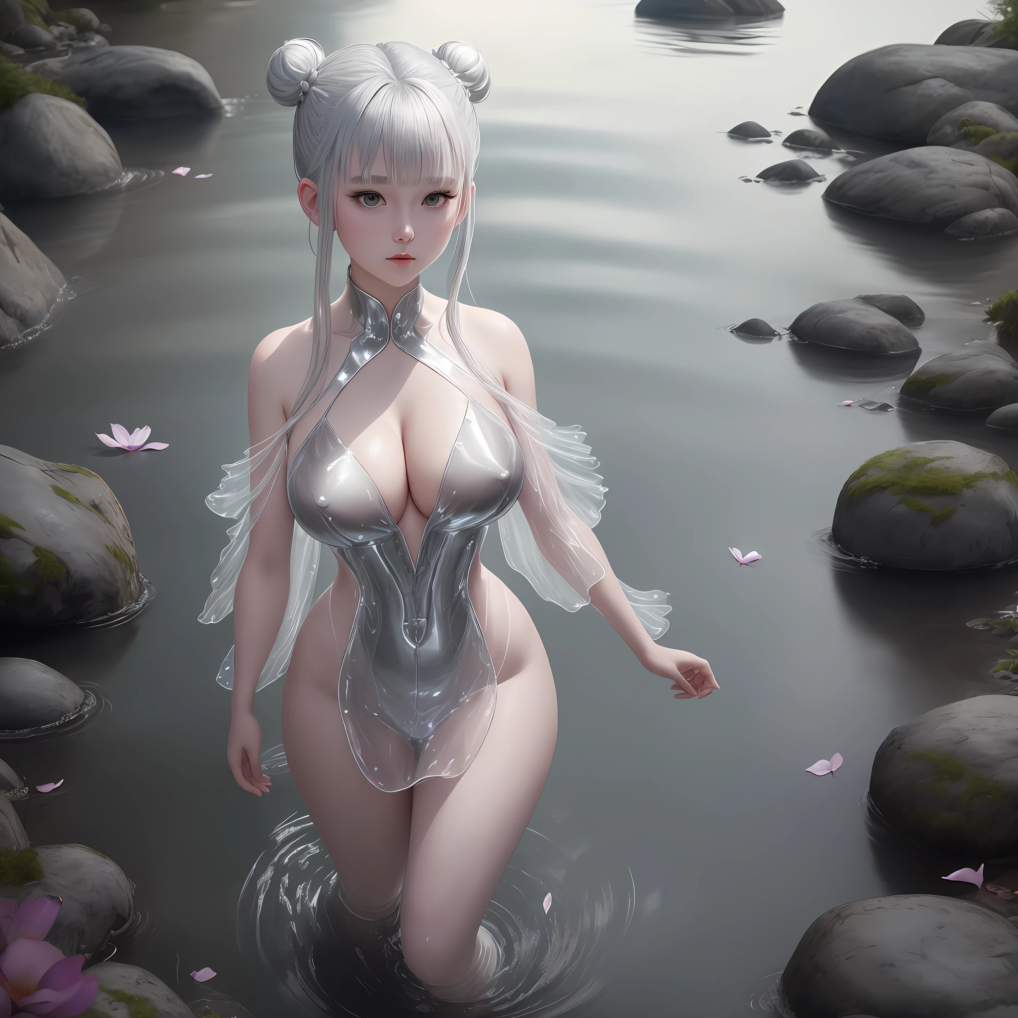 Silver hair, double bun, full body, standing in water, parted bangs, modern, surreal, film lighting, chiaroscuro, masterpiece, textured skin, high resolution, high quality, high detail, beautiful face, big breasts, obvious cleavage, translucent clothes, falling petals